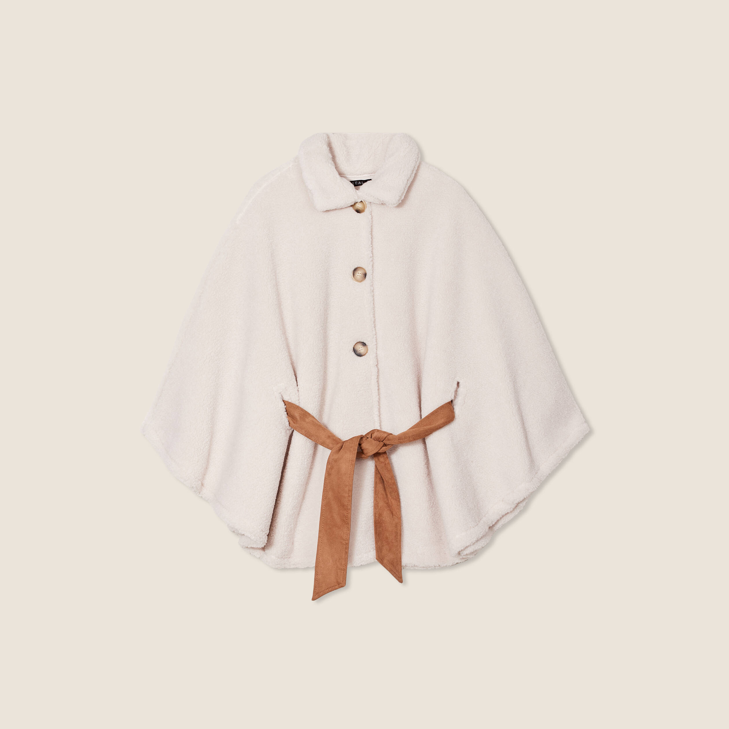 Poncho boutonn&eacute; ceintur&eacute; ecru femme