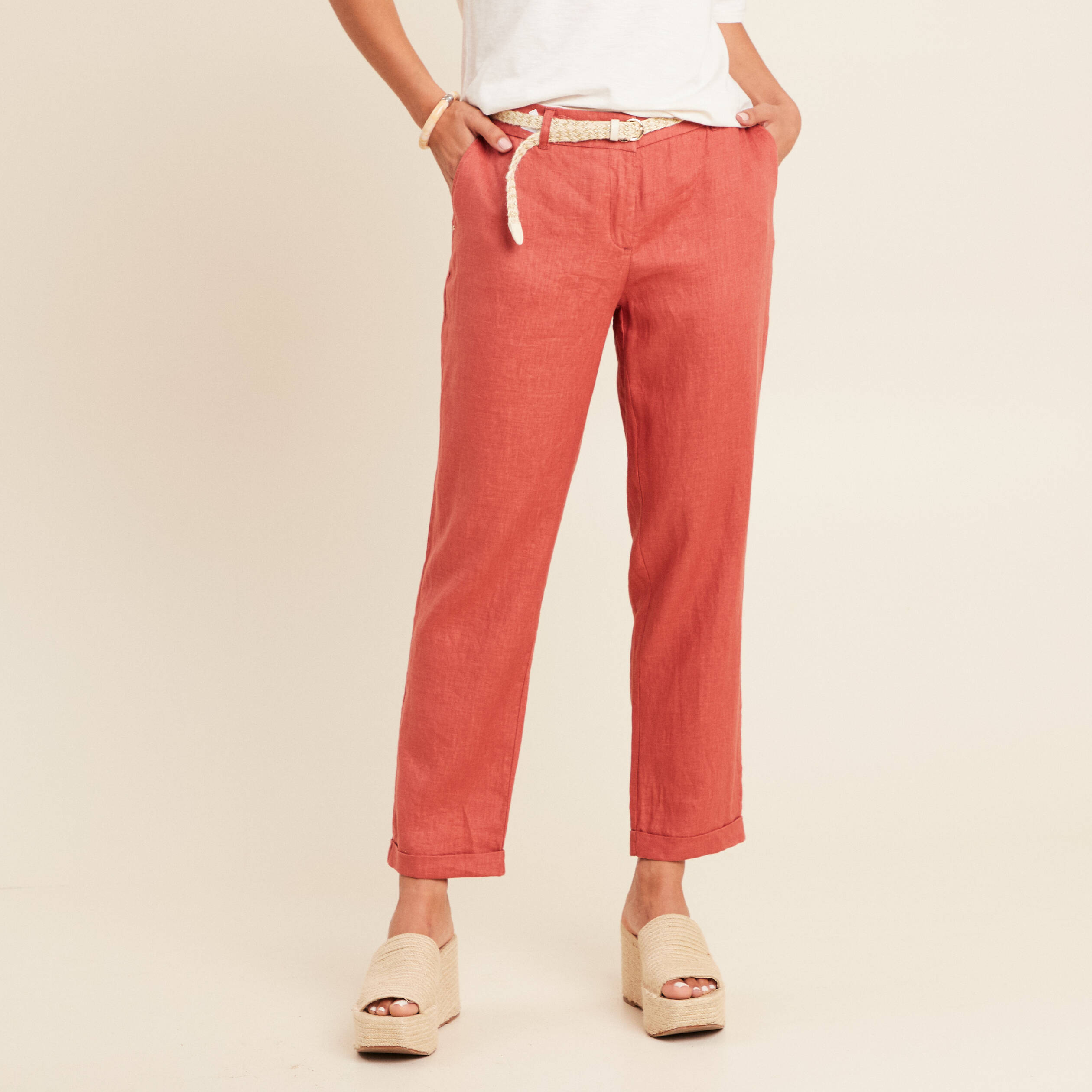 pantalon flou ceinture vieux rose femme Pantalon flou ceinturé vieux rose femme