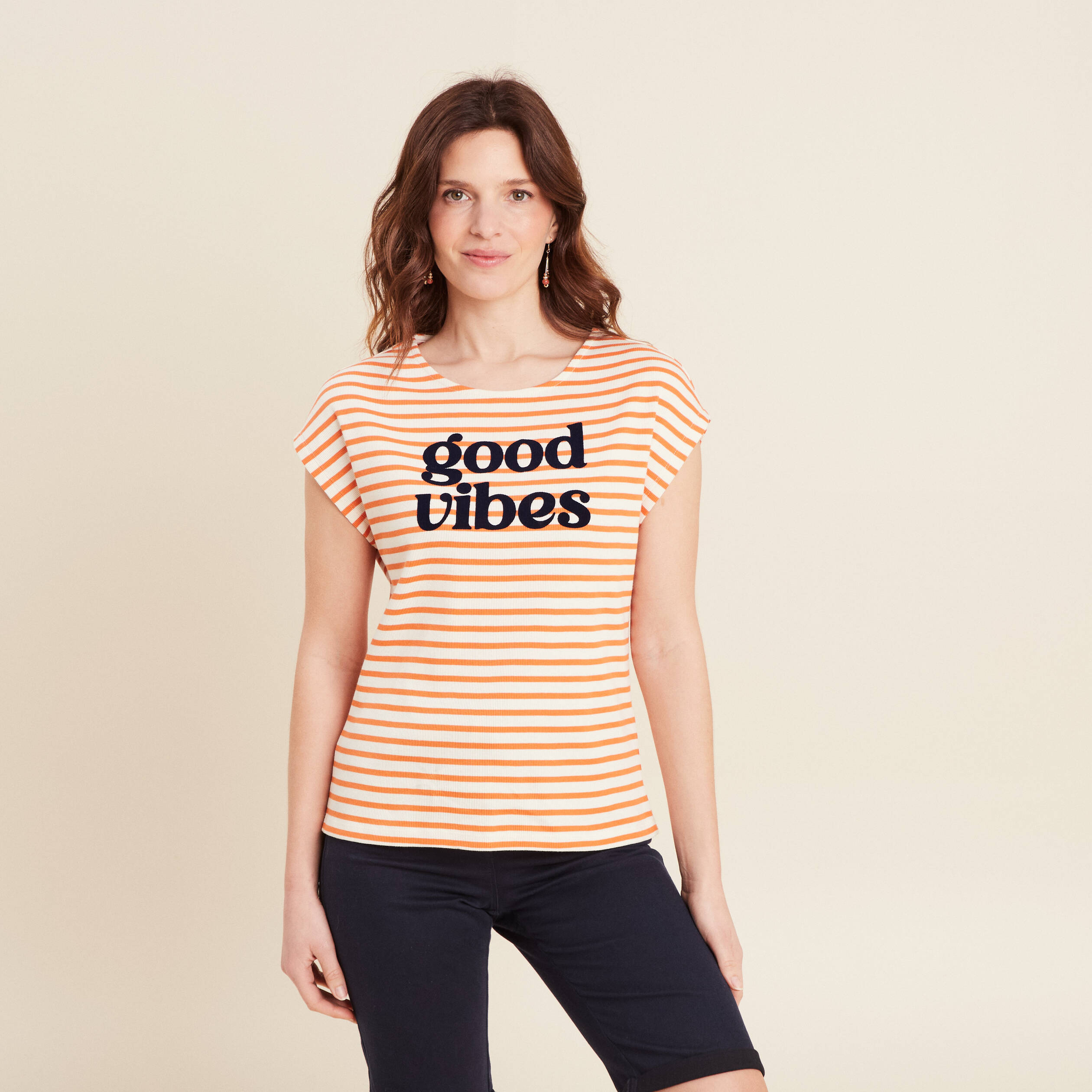 T-shirt manches courtes orange abricot femme
