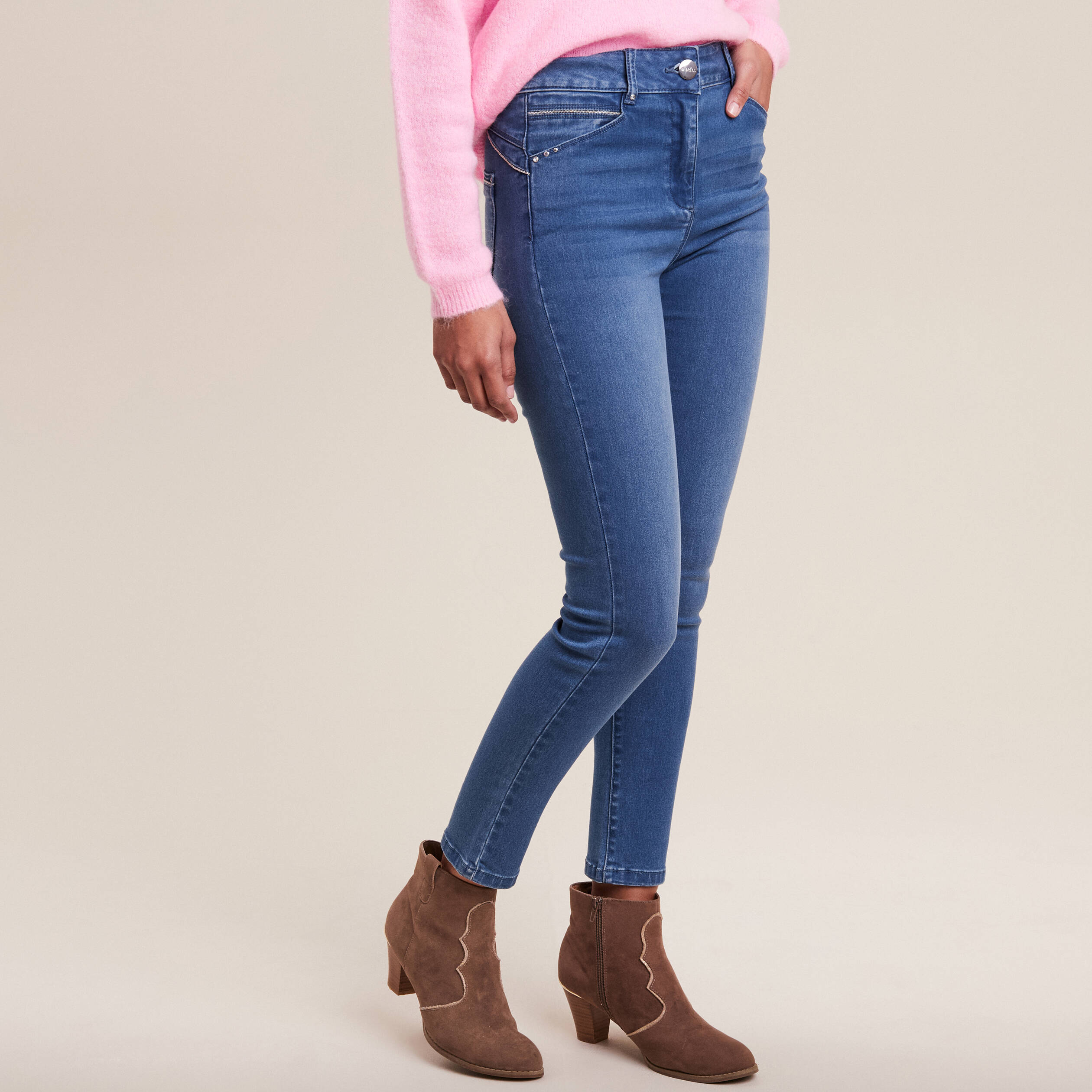 Jean ajusté taille haute denim double stone femme