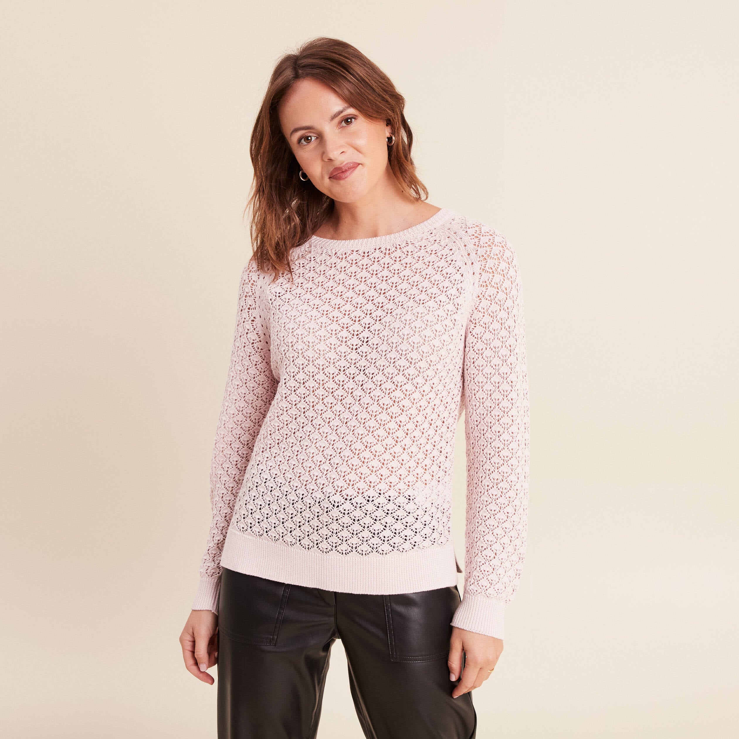 Pull col rond manches longues rose clair femme