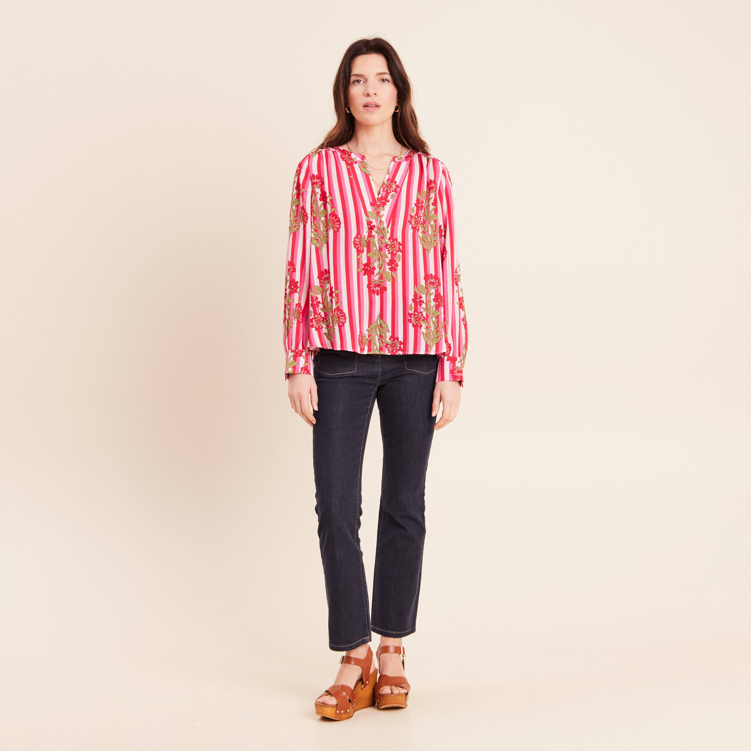 Blouse ample col v manches longues rose femme