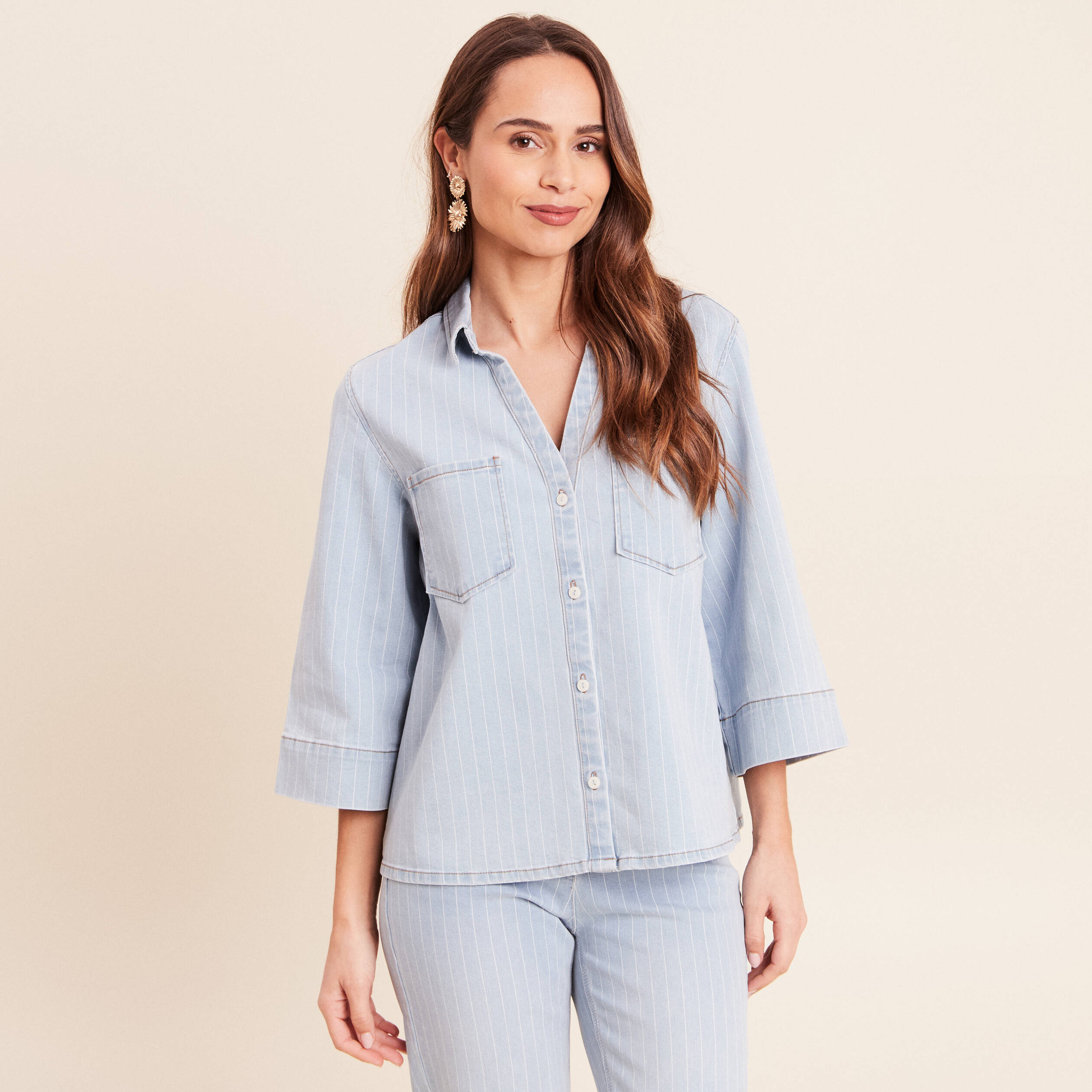 Chemise jean col chemise manches 3/4 blanc femme
