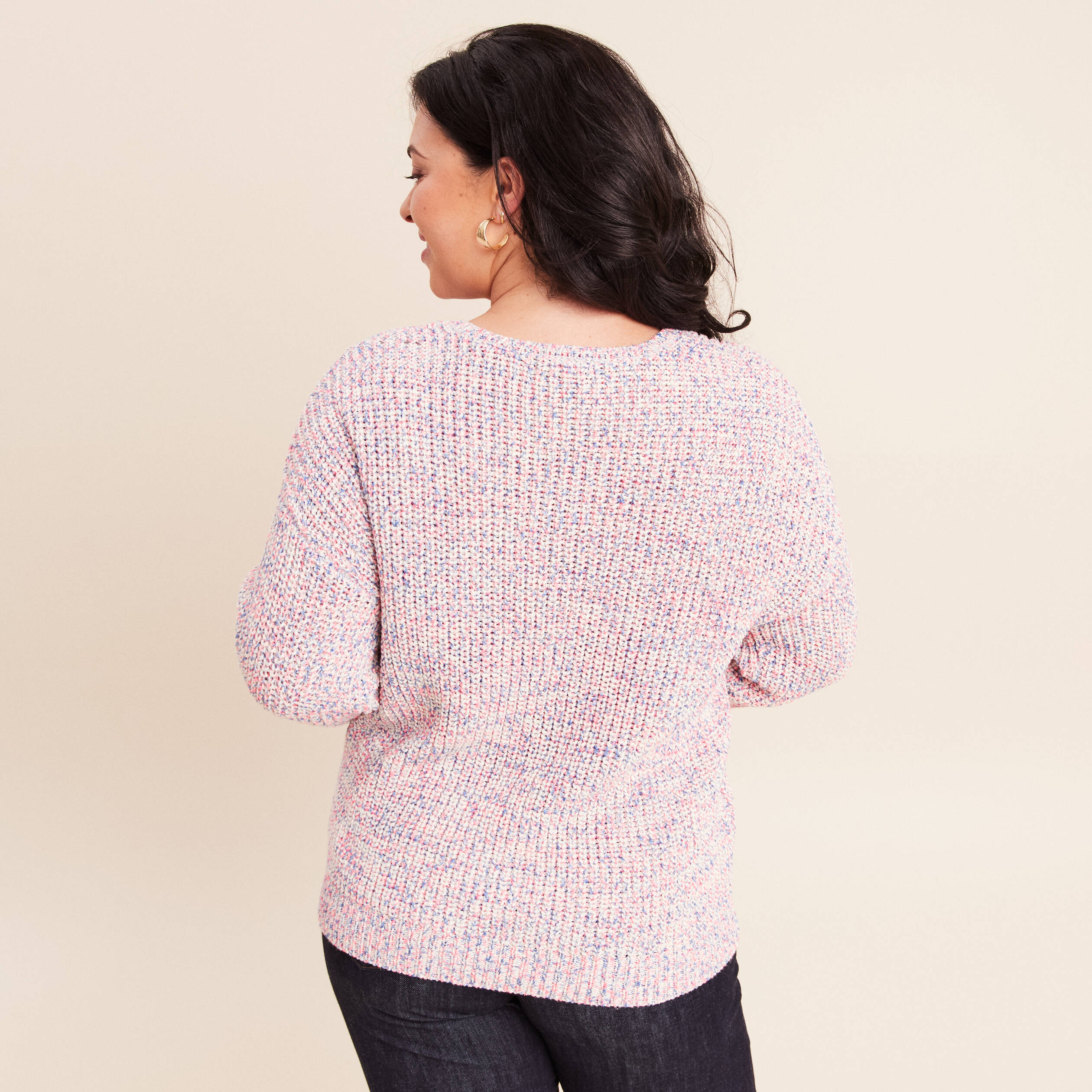 Pull droit long col v manches longues rose fushia femme