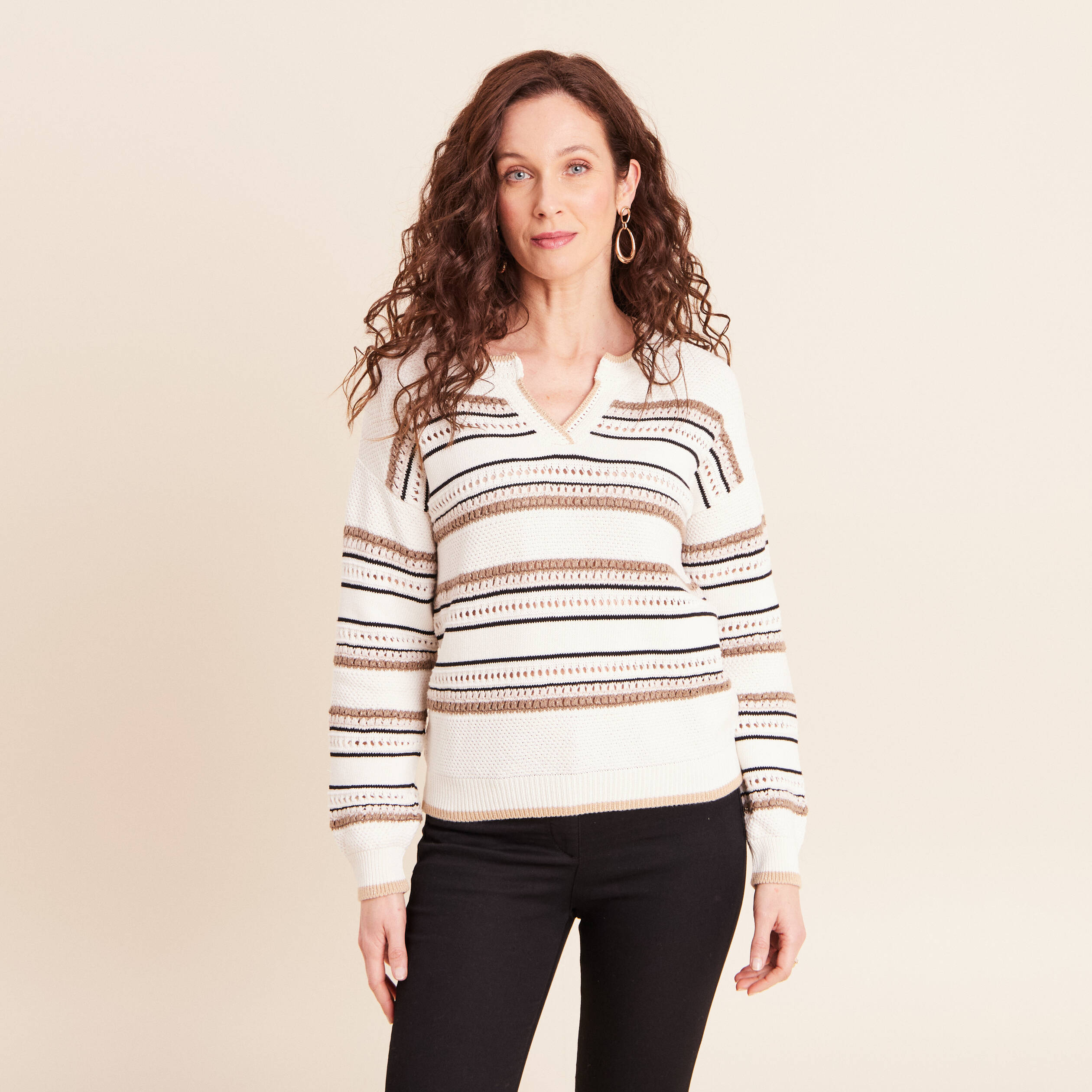 Pull col tunisien manches longues marron femme