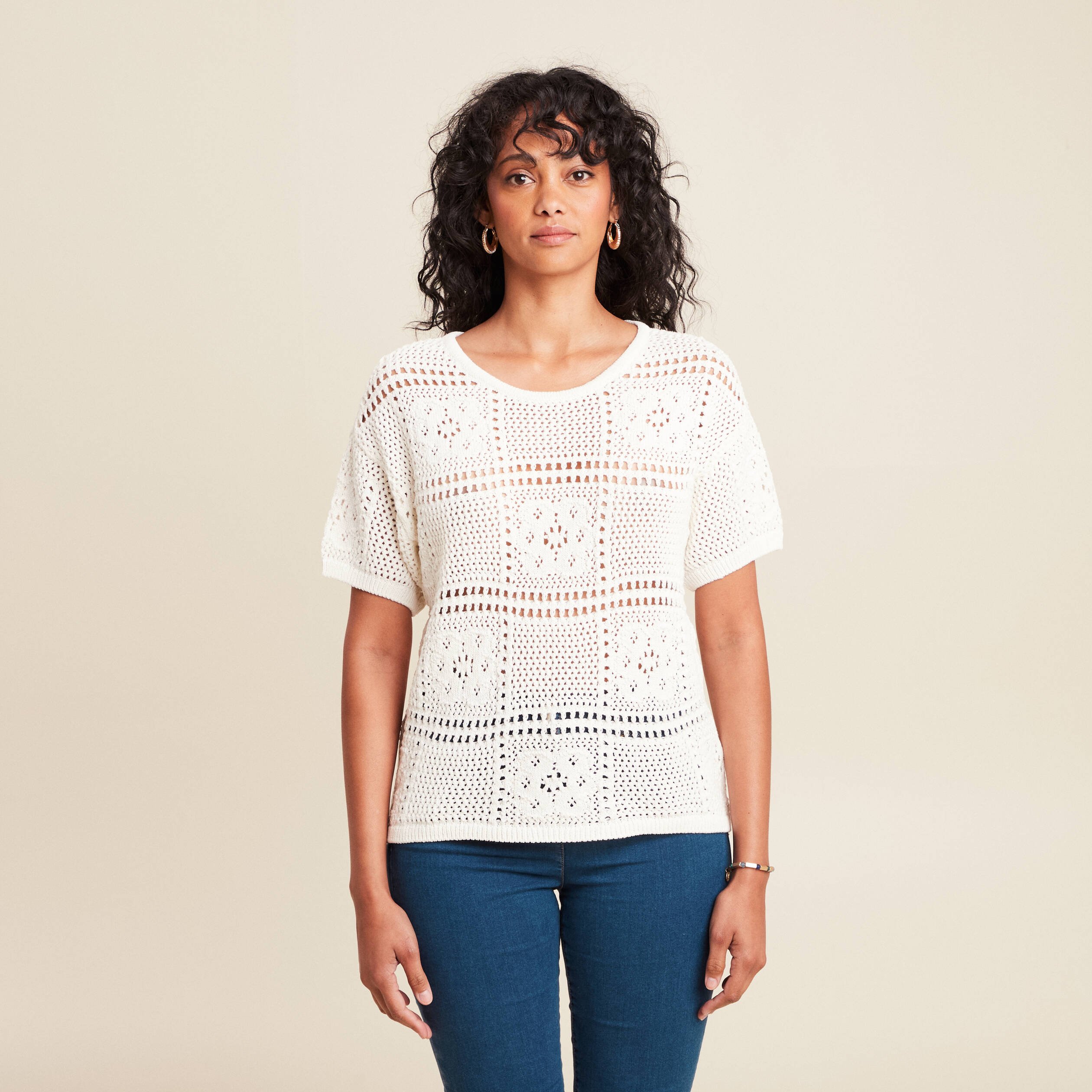 pull court col rond manches courtes ecru femme Pull court col rond manches courtes ecru femme