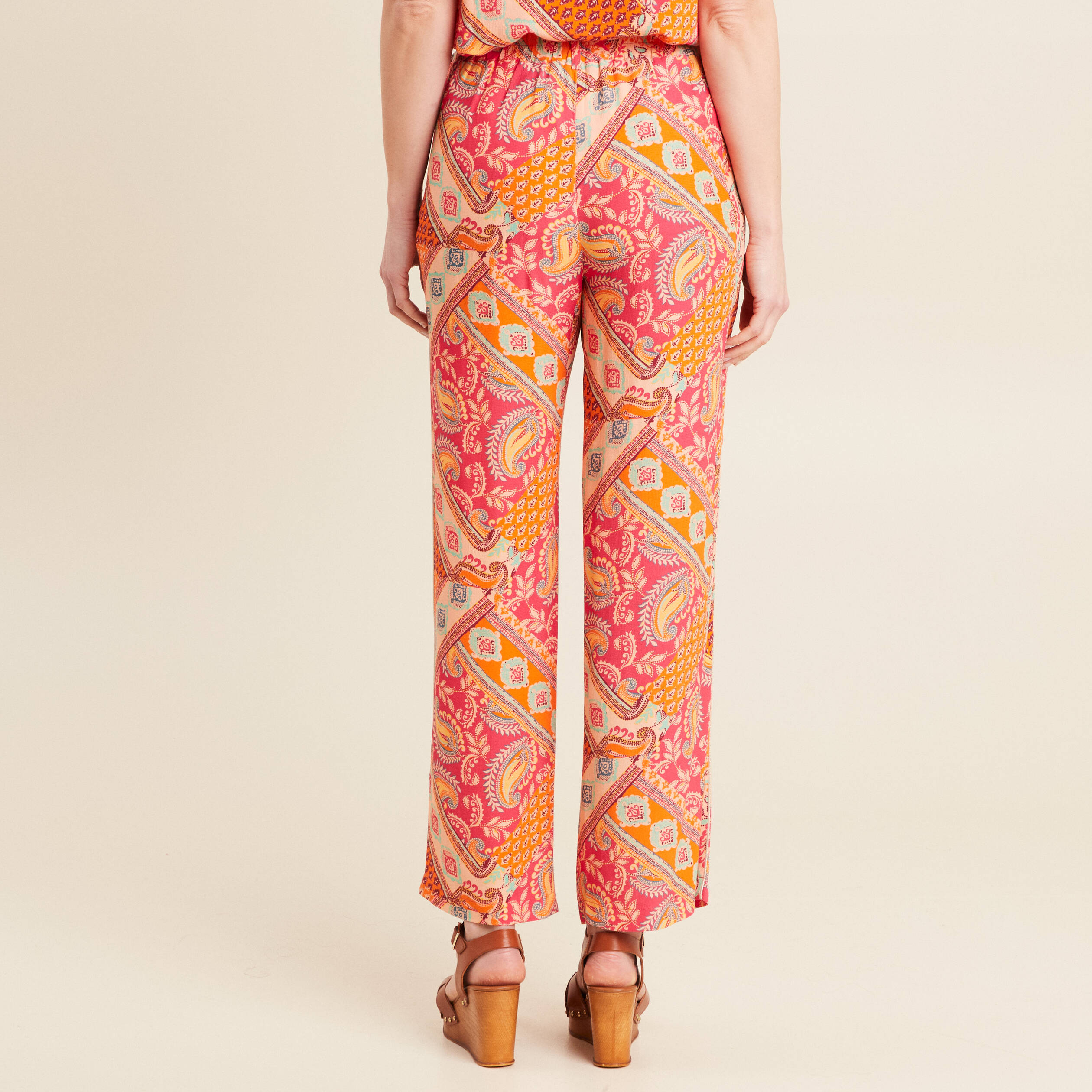 Pantalon large taille haute orange femme