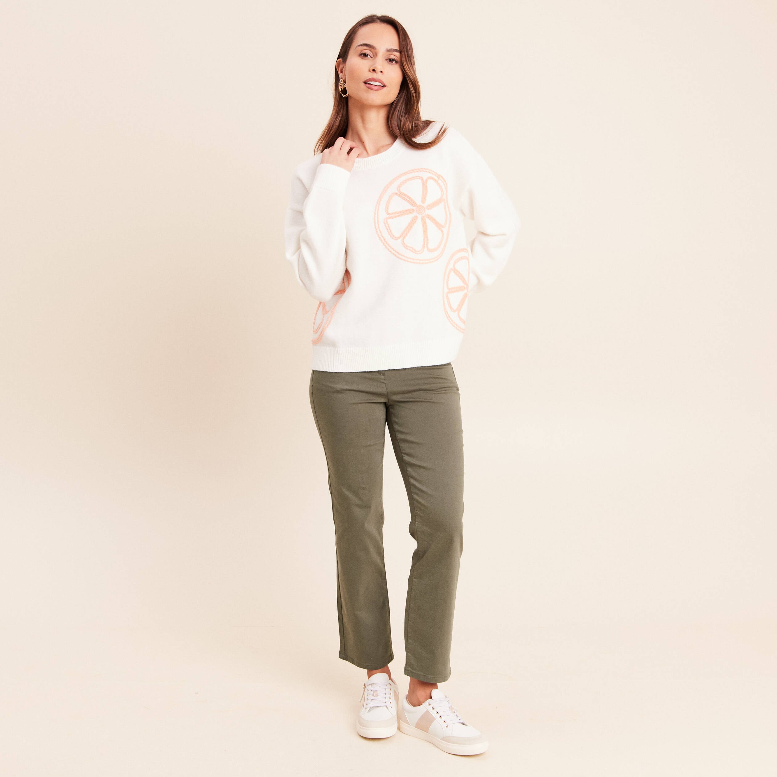 Pull droit col rond manches longues ecru femme