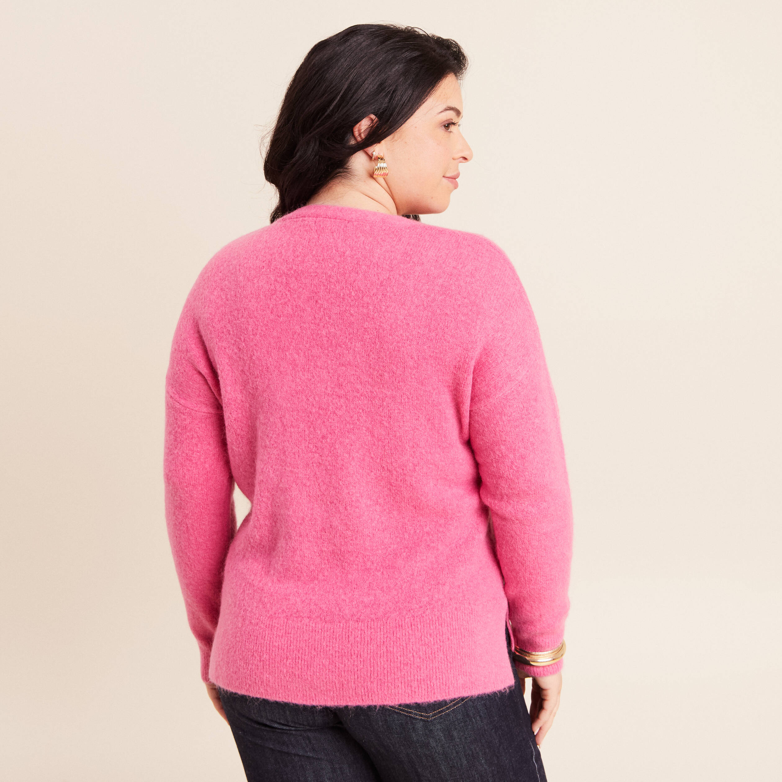 Pull col v manches longues rose fushia femme