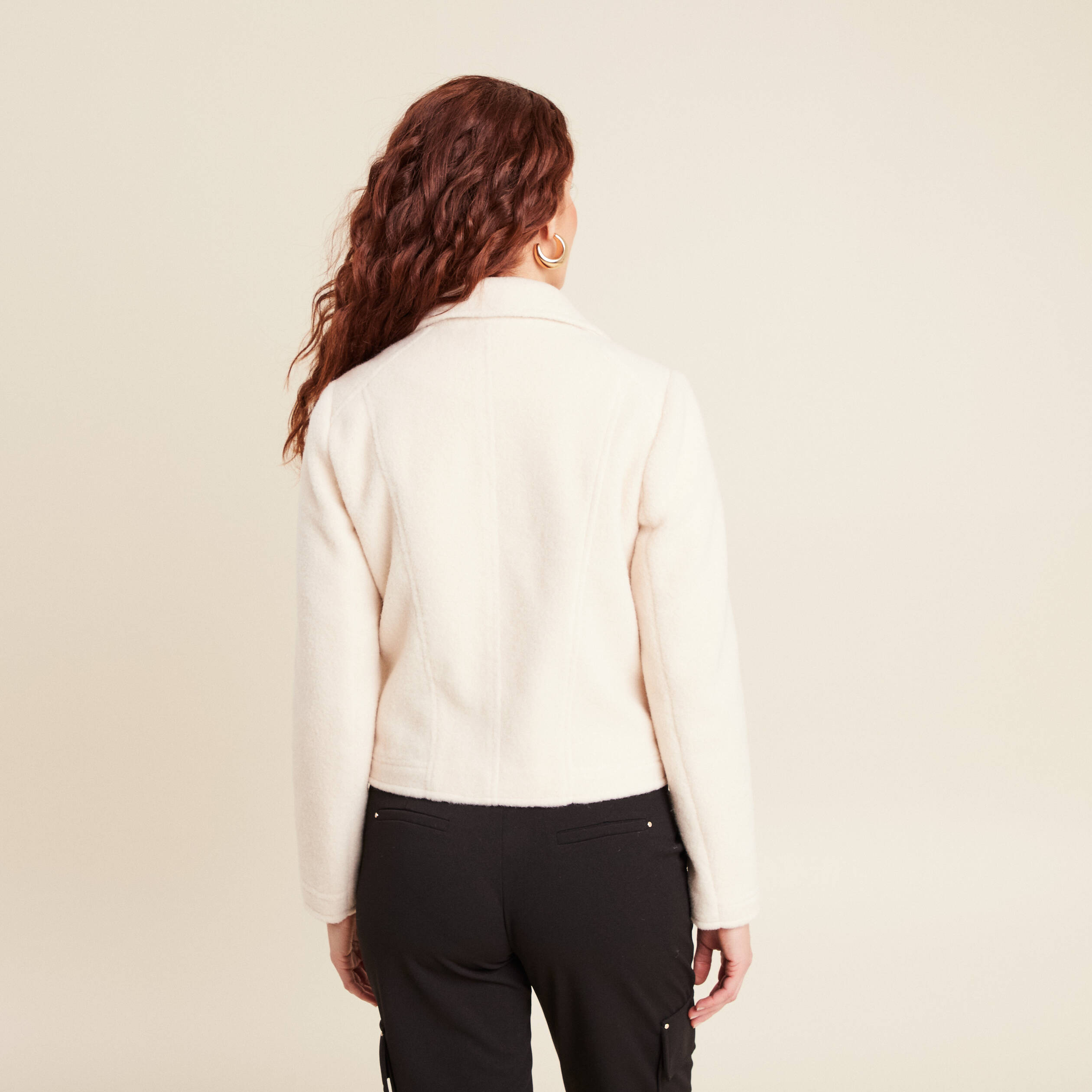 Veste esprit motard bouclette ecru femme