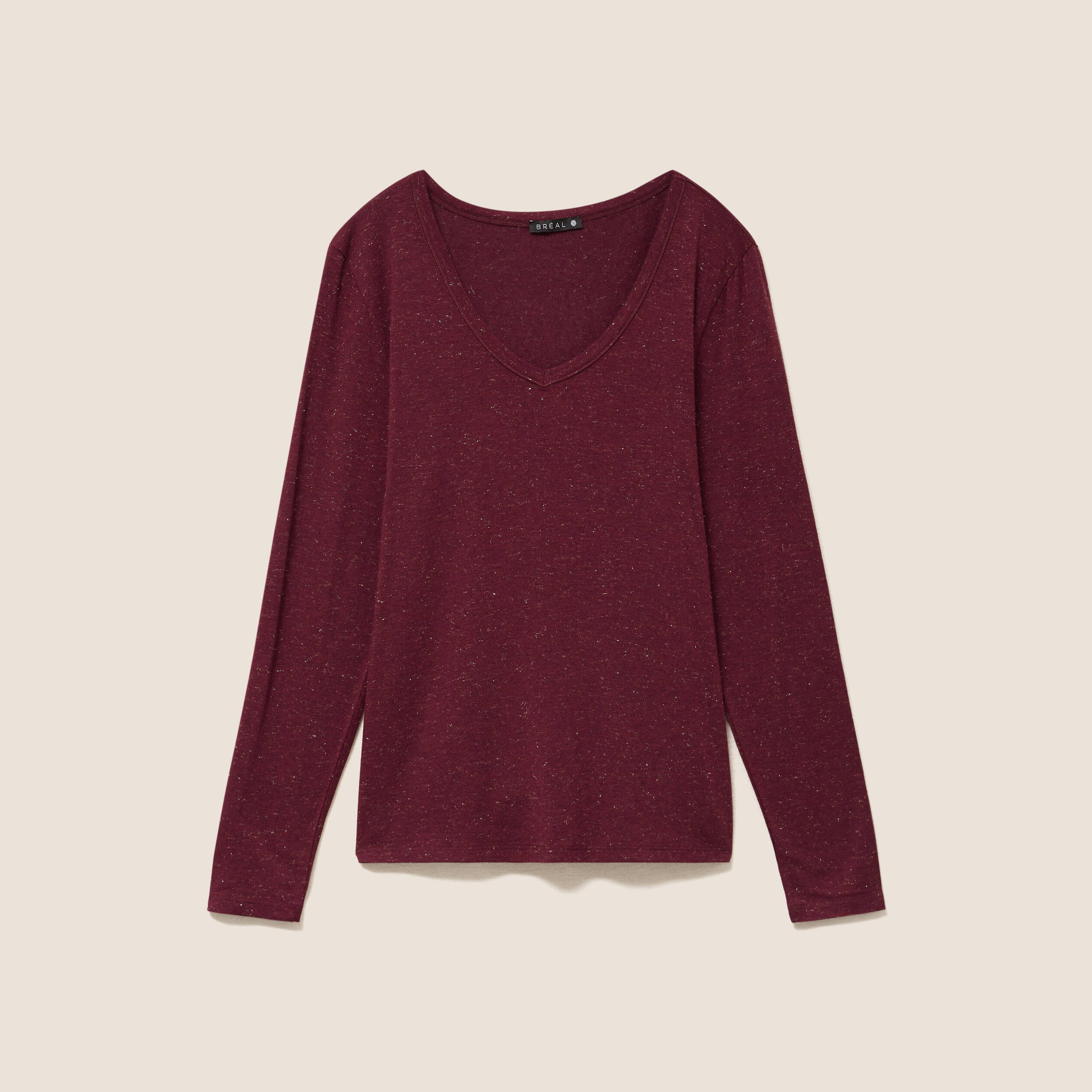 T-shirt ajust&eacute; col v manches longues bordeaux femme
