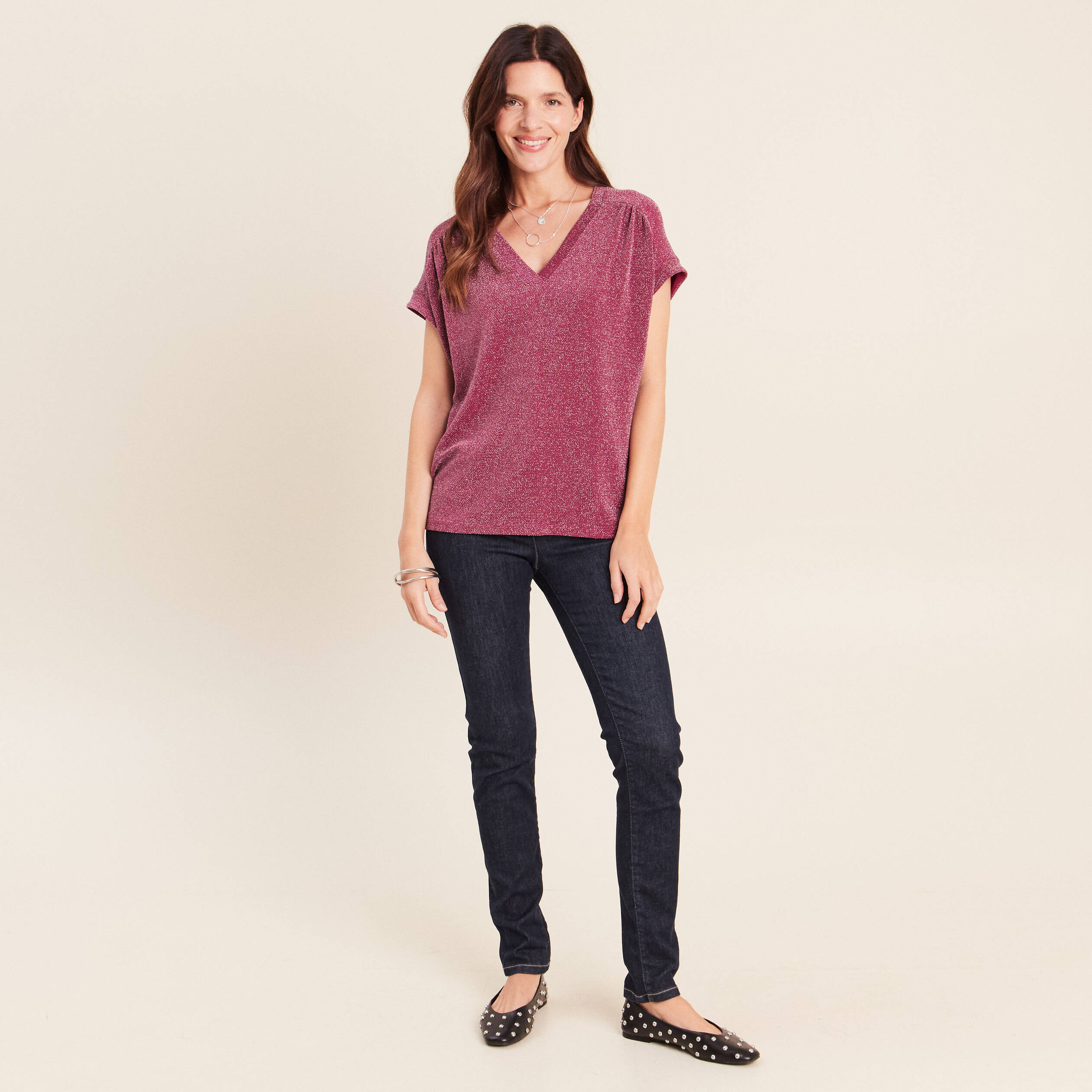 T-shirt manches courtes rouge fonc&eacute; femme
