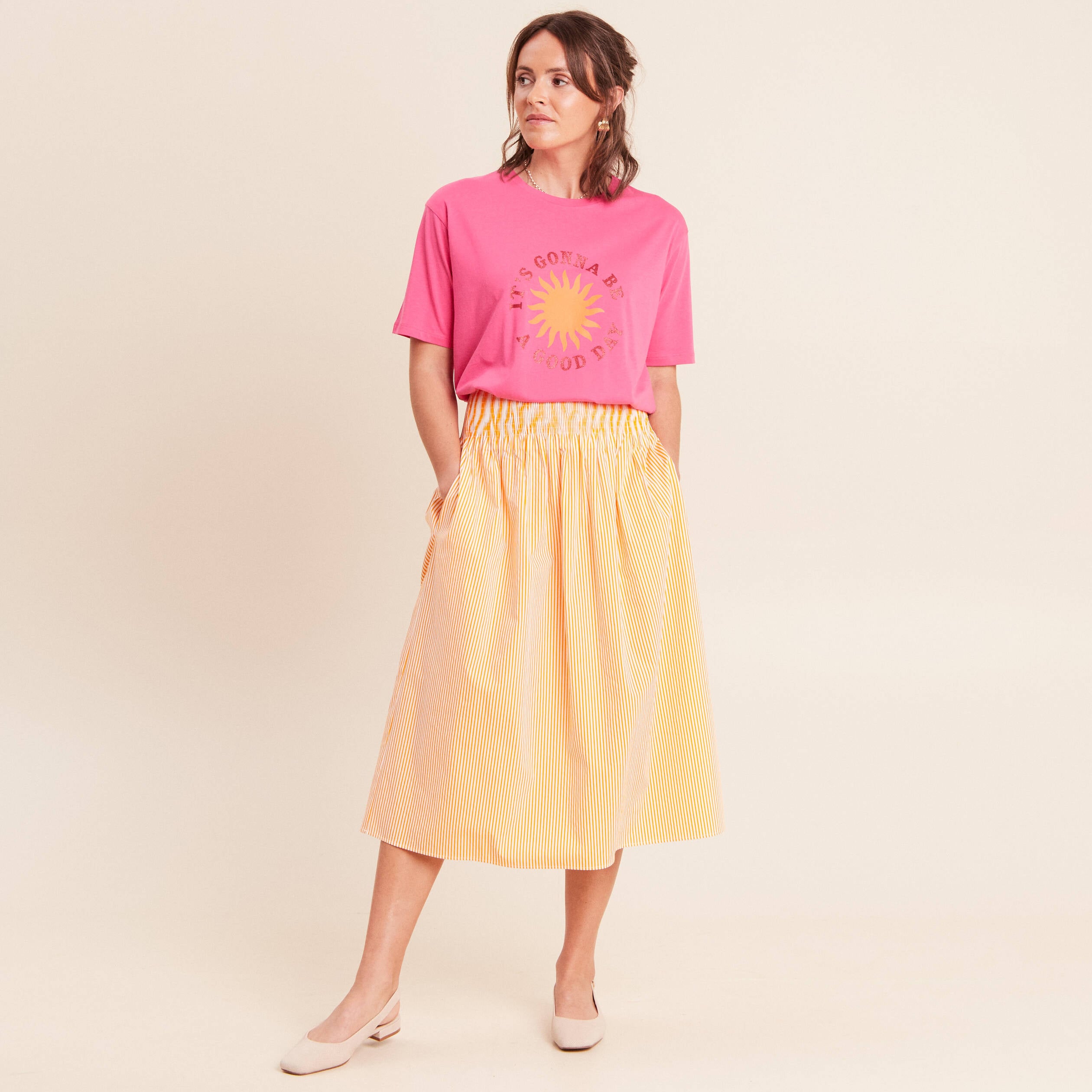 Jupe longue pliss&eacute;e orange femme