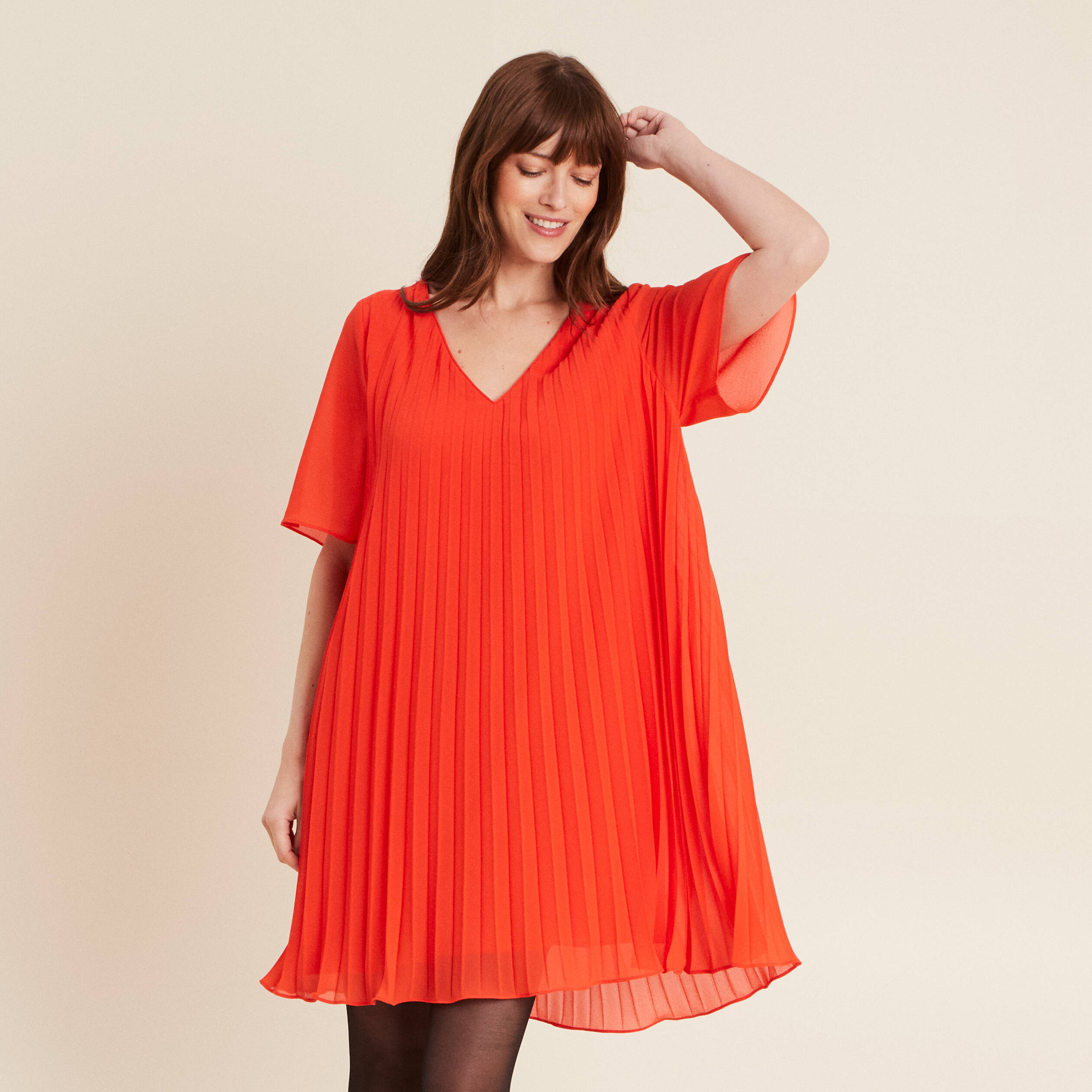 Robe droite plissée orange foncé femme