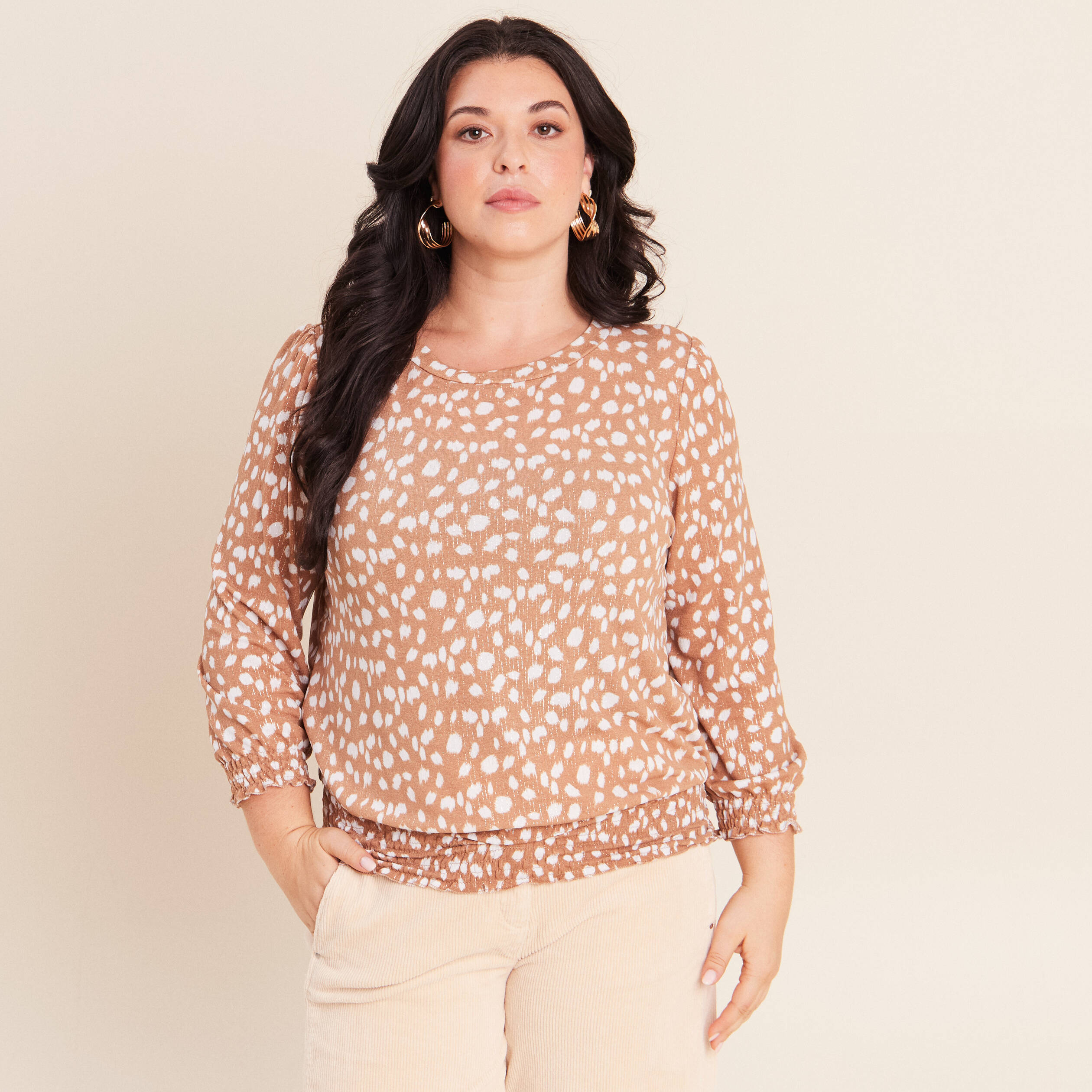 T-shirt col rond manches 3/4 marron femme
