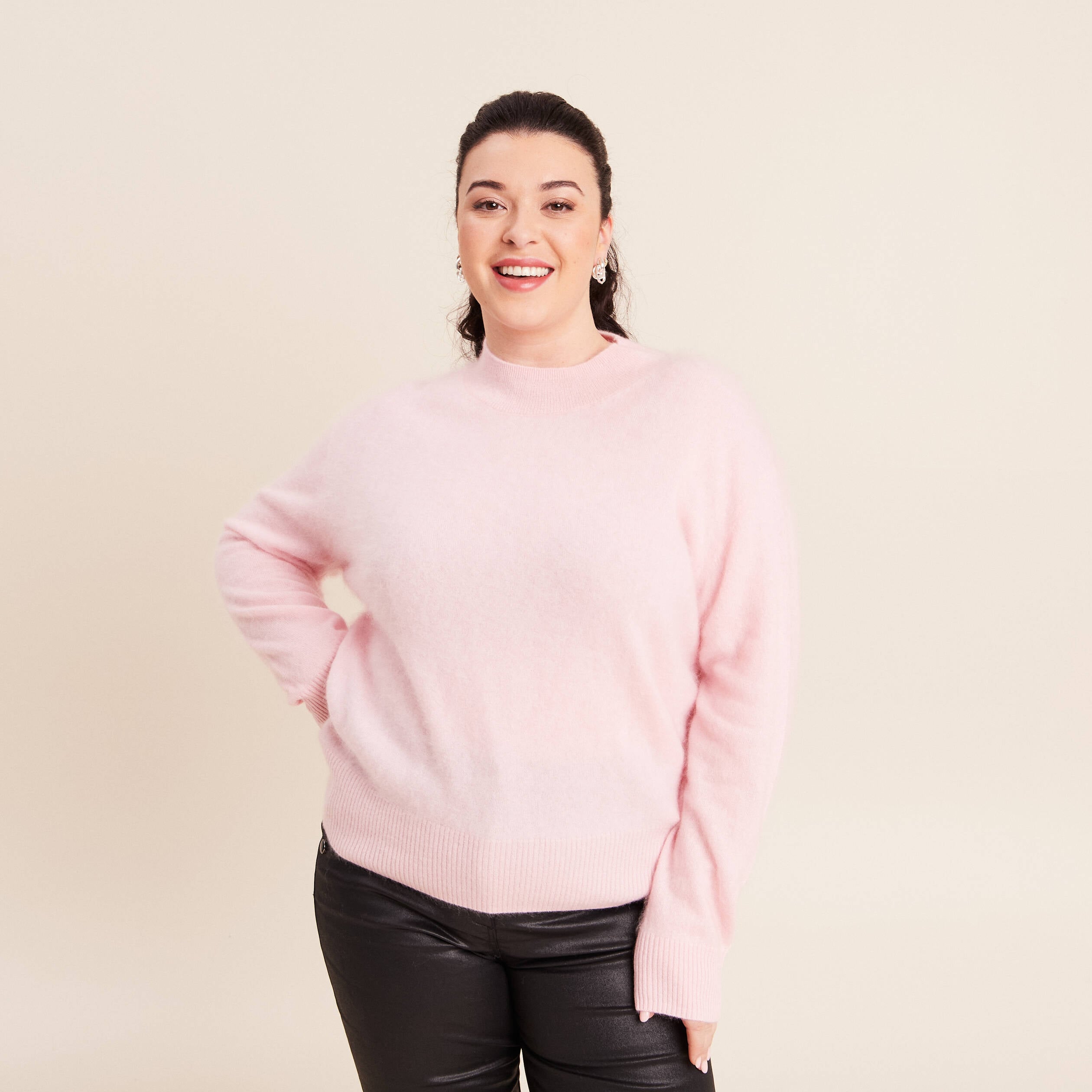 Pull cachemire col montant rose femme