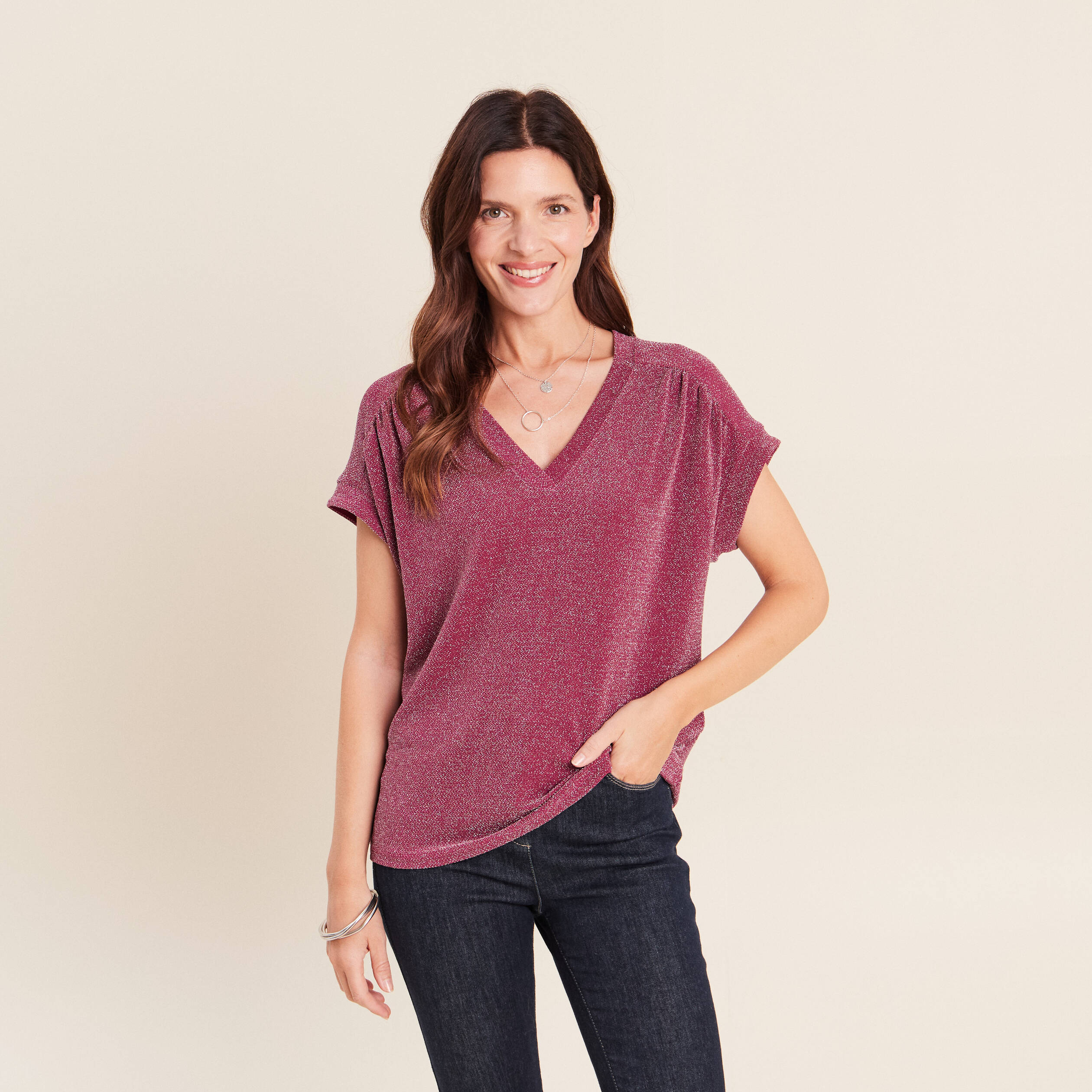 T-shirt manches courtes rouge fonc&eacute; femme