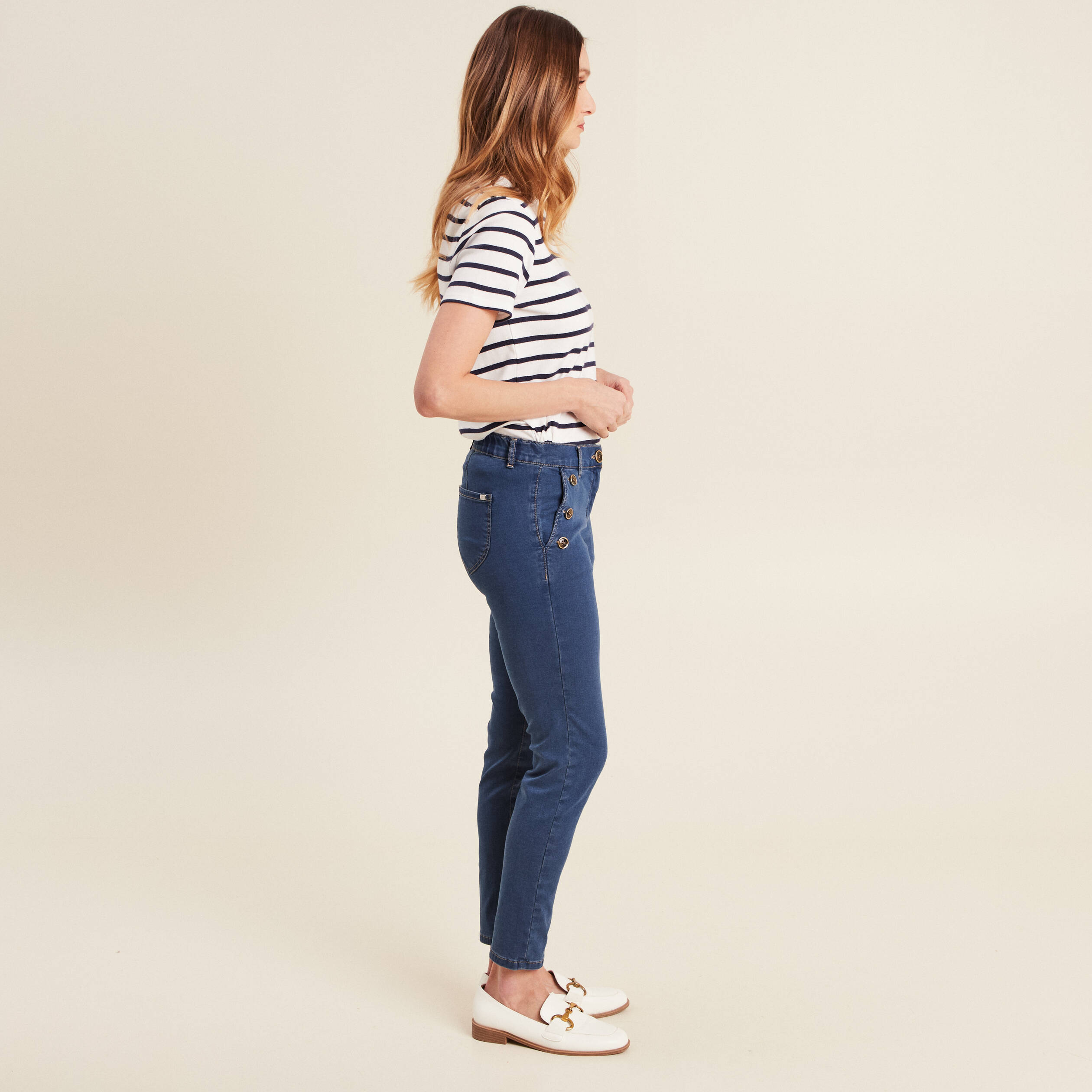 Jean ajusté 7/8ème à pont denim double stone femme