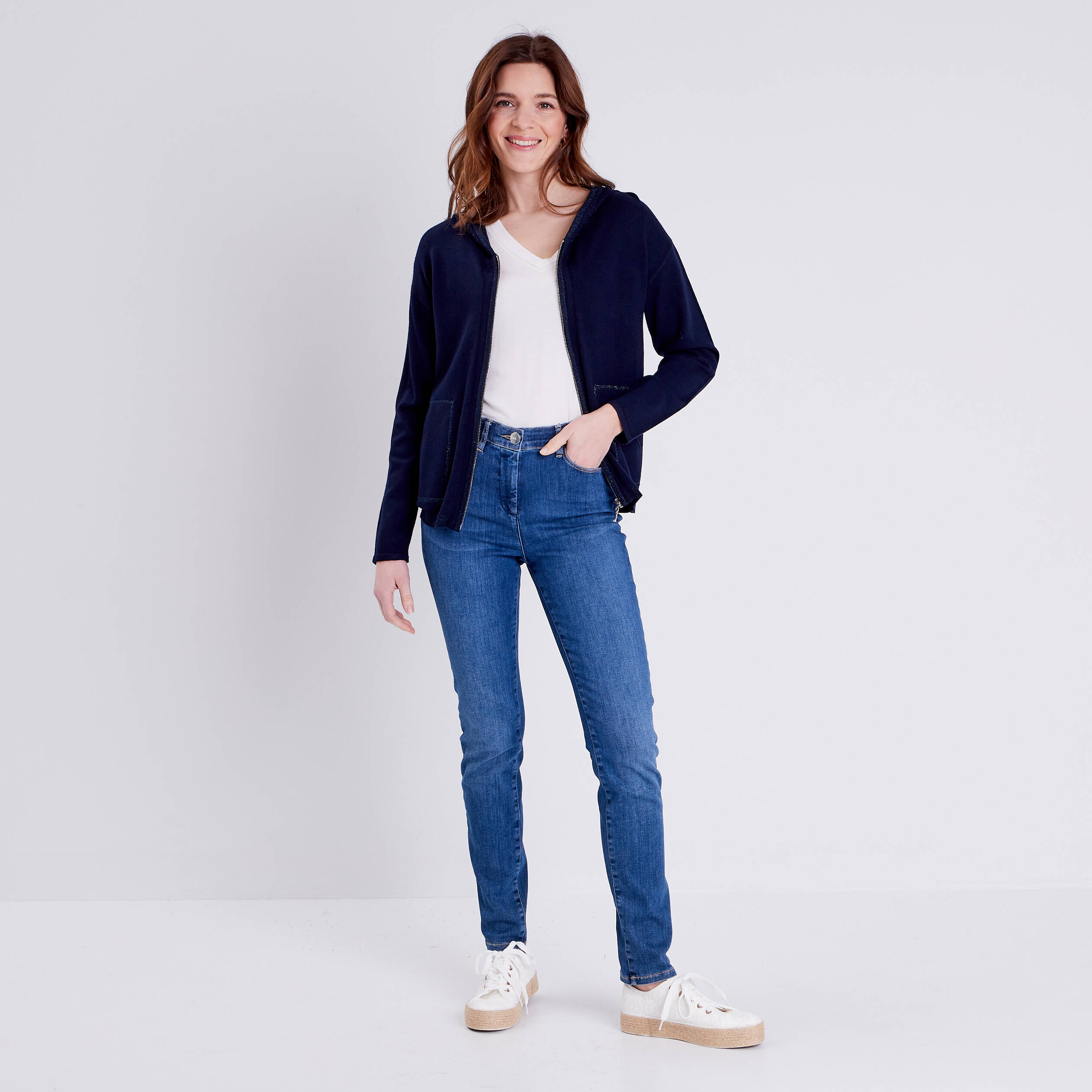 Gilet long manches longues bleu marine femme