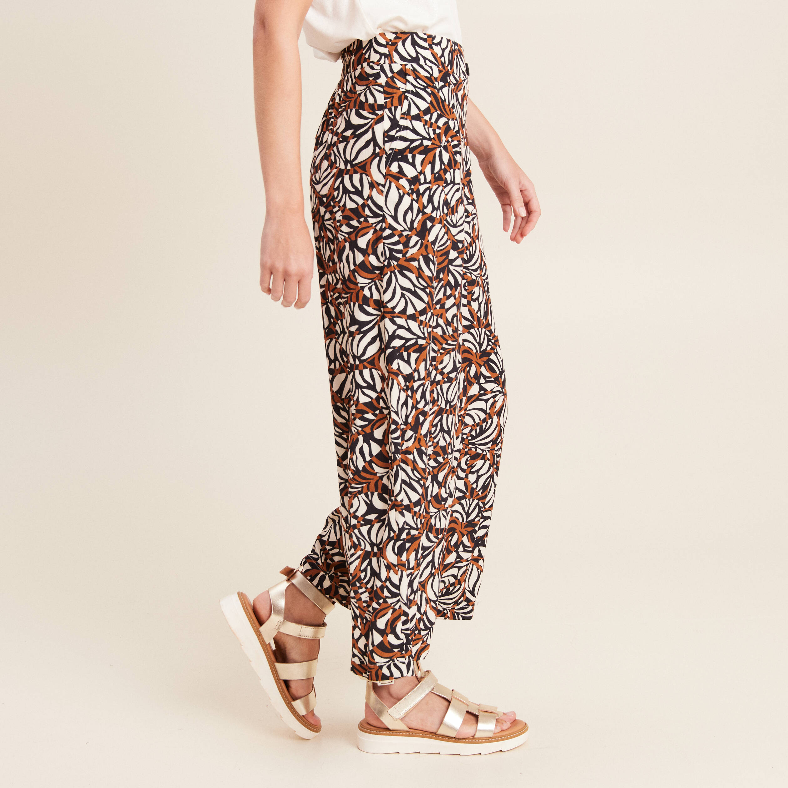 Pantalon flou large 7/8ème marron femme