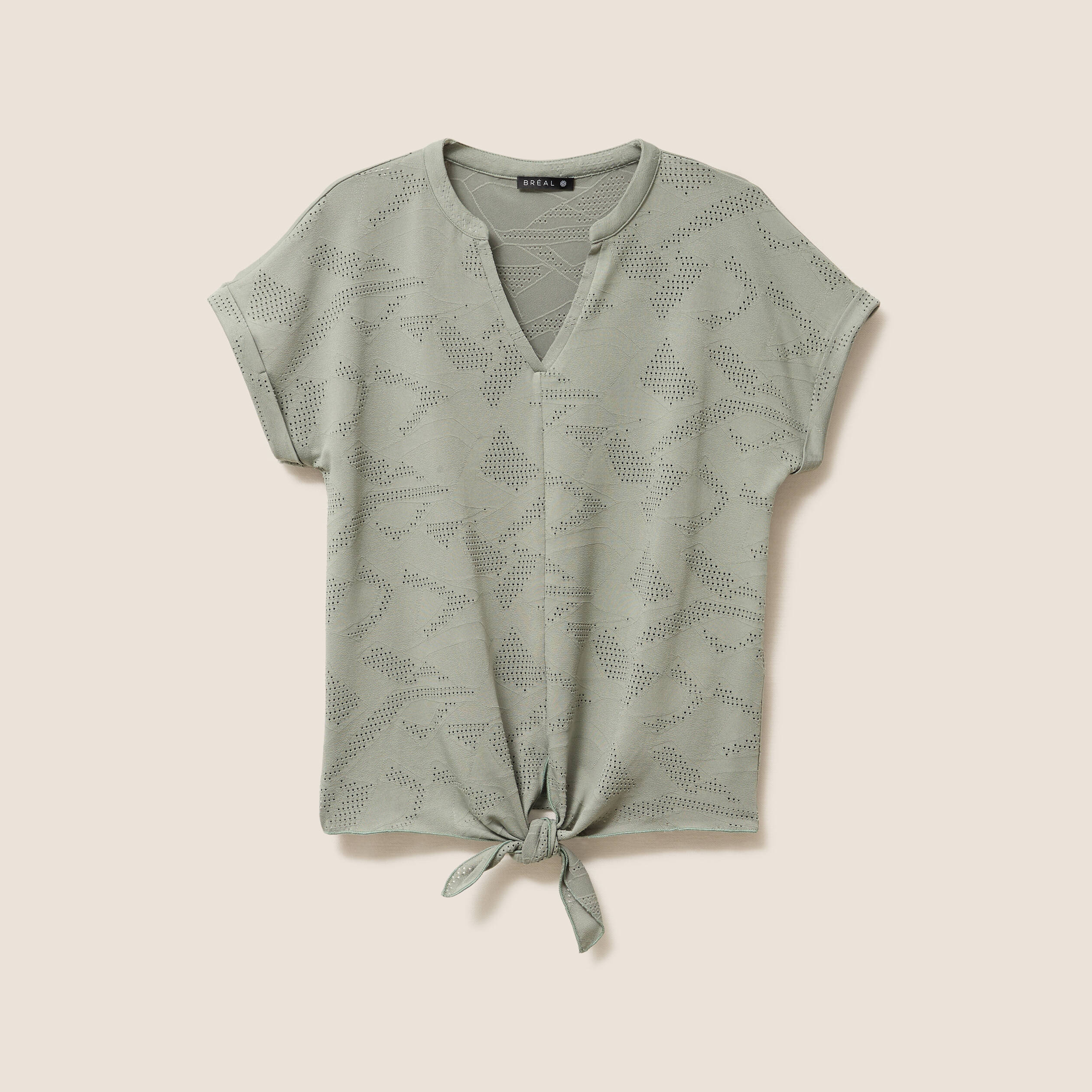 T-shirt col tunisien manches courtes vert clair femme