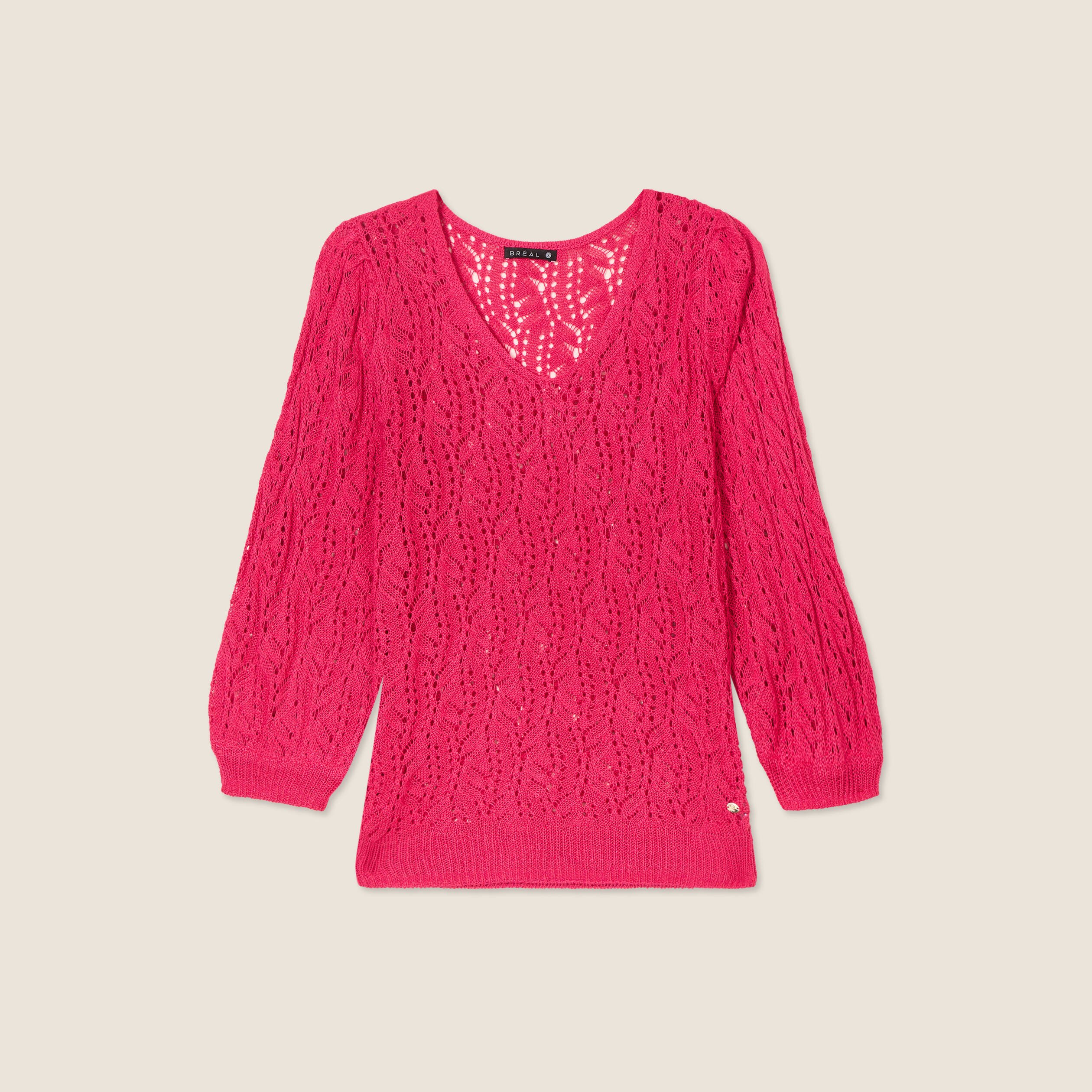 Pull manches 3/4 ajouré rose fushia femme