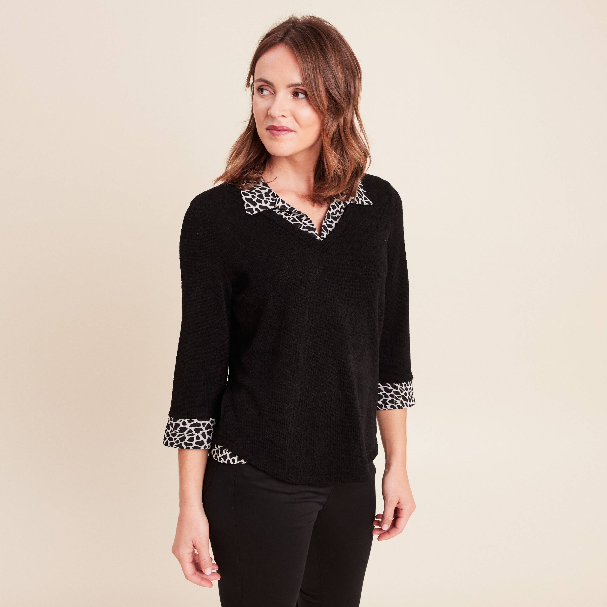 T-shirt col chemise manches 3/4 noir femme