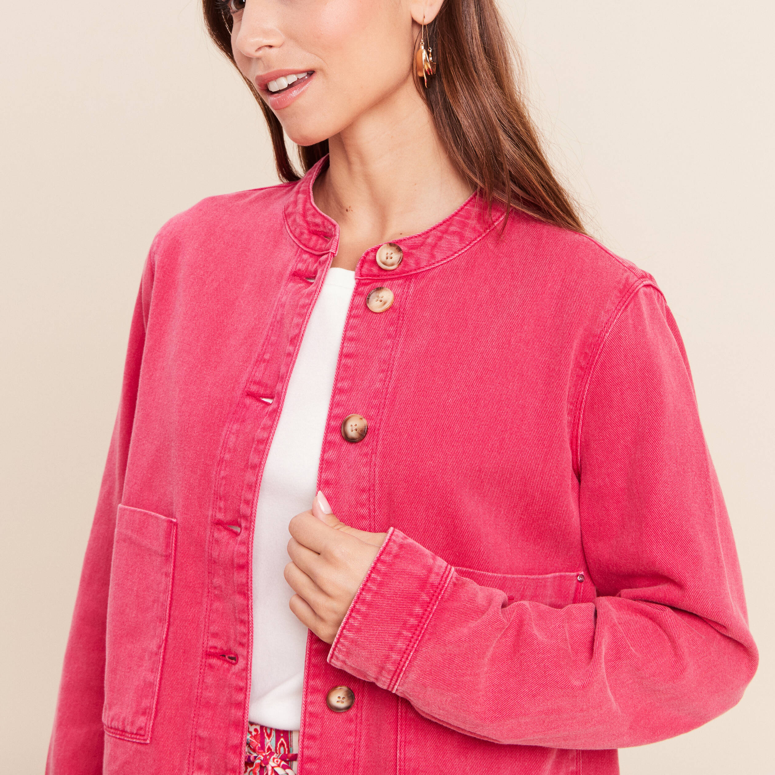 Veste ample courte en jean rose fushia femme