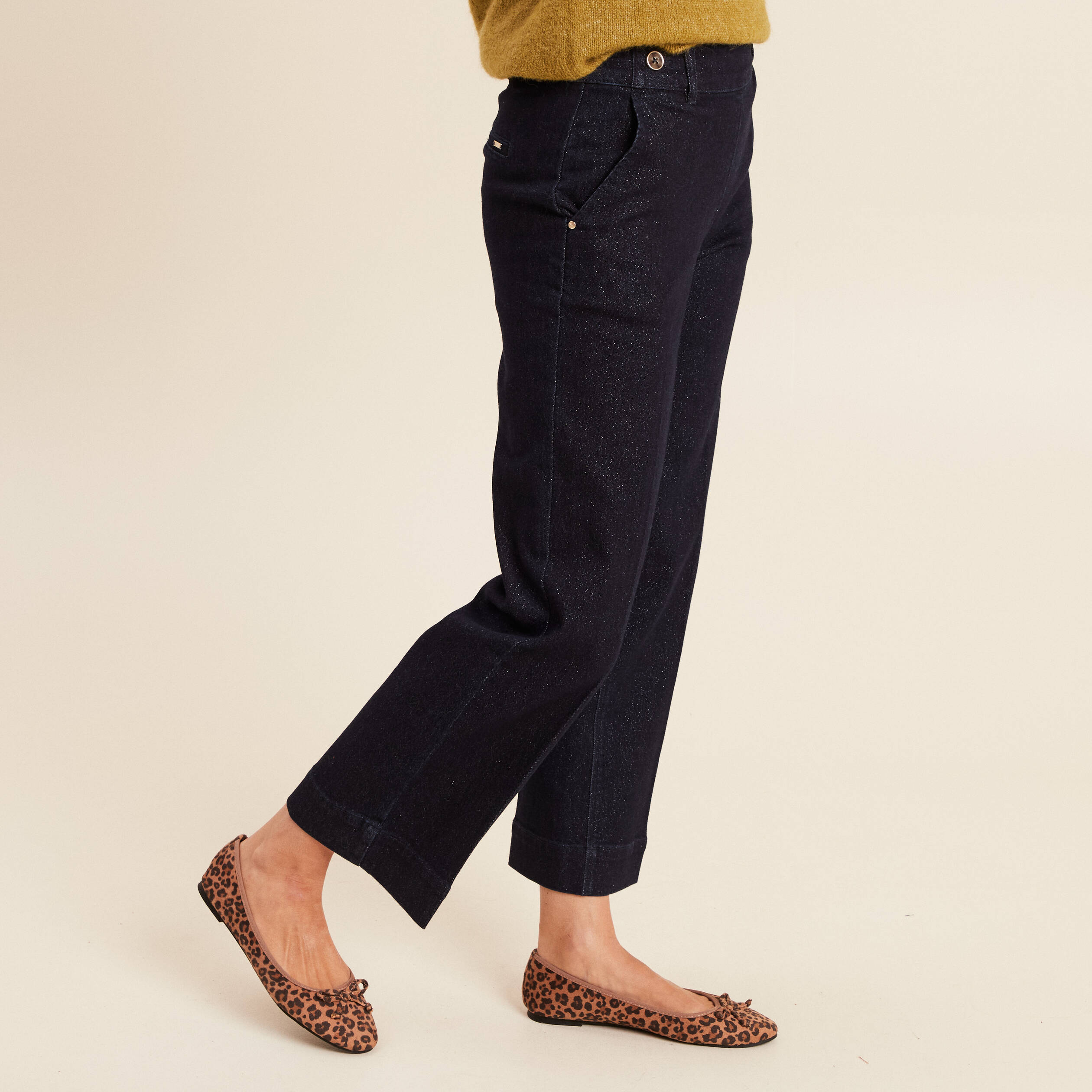 Jean large taille haute &agrave; paillettes denim brut femme
