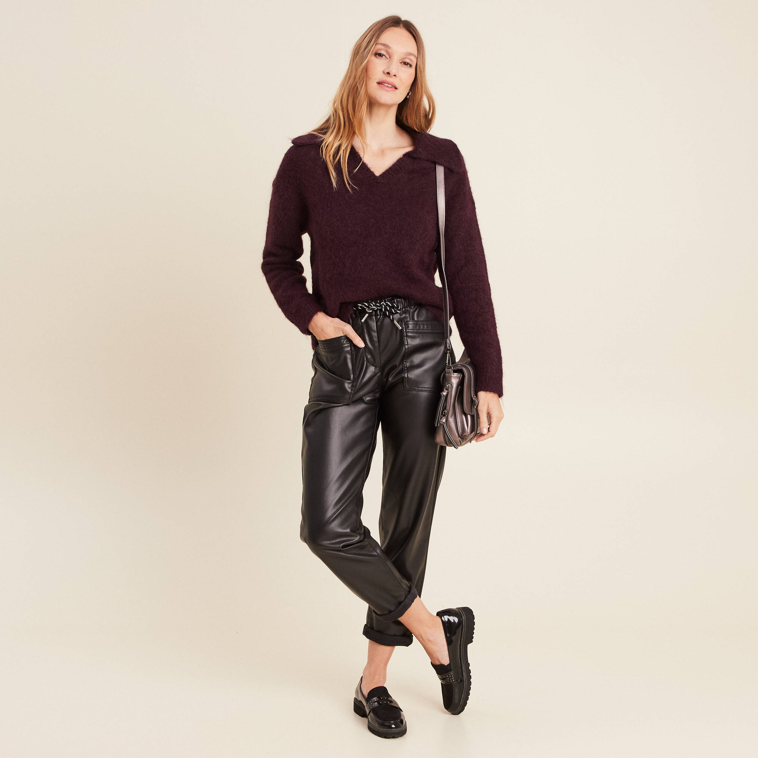 pull manches longues col polo bordeaux femme Pull manches longues col polo bordeaux femme
