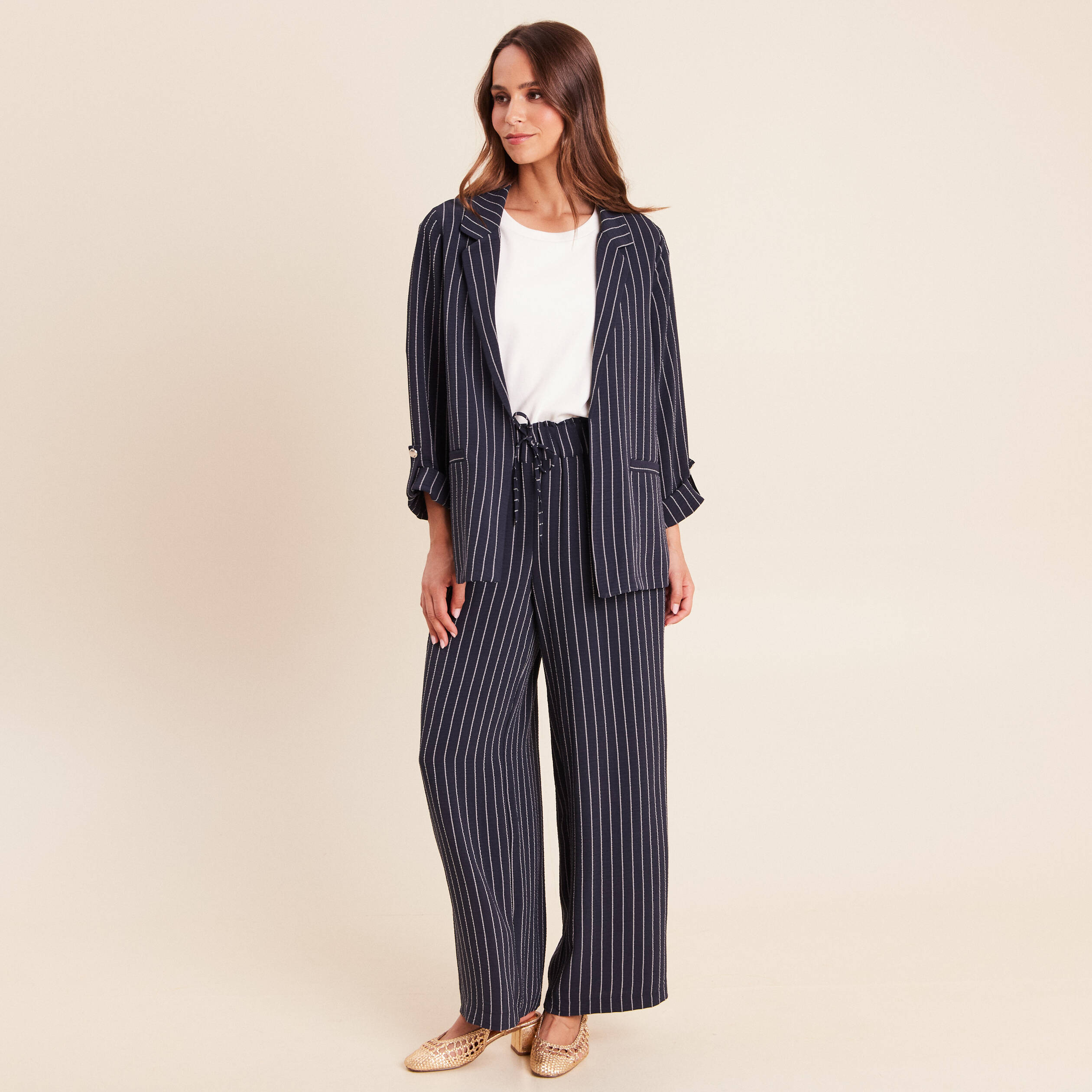 Veste droite longue manches 3/4 doubl&eacute;e bleu fonc&eacute; femme