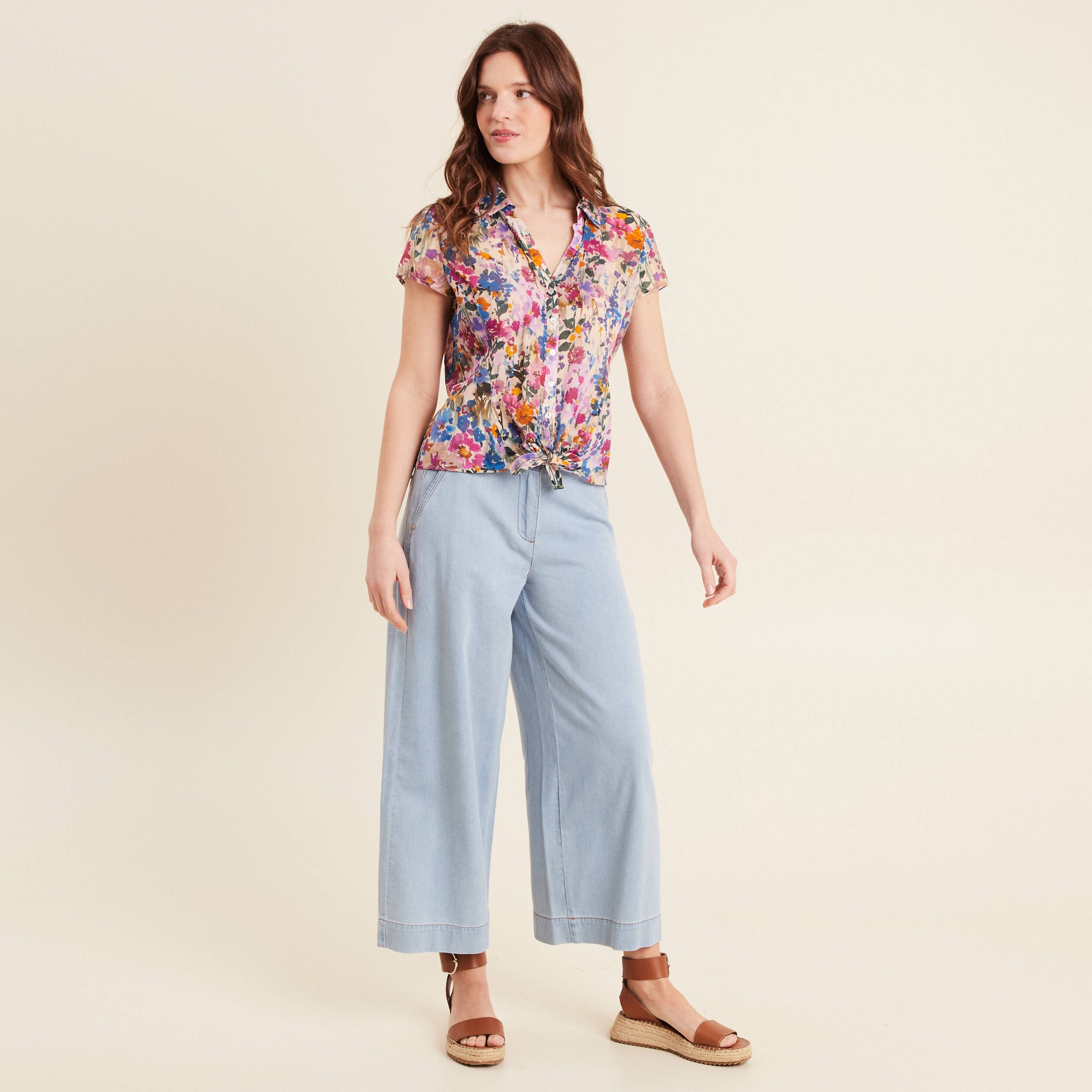 Chemise manches courtes nouée violet femme