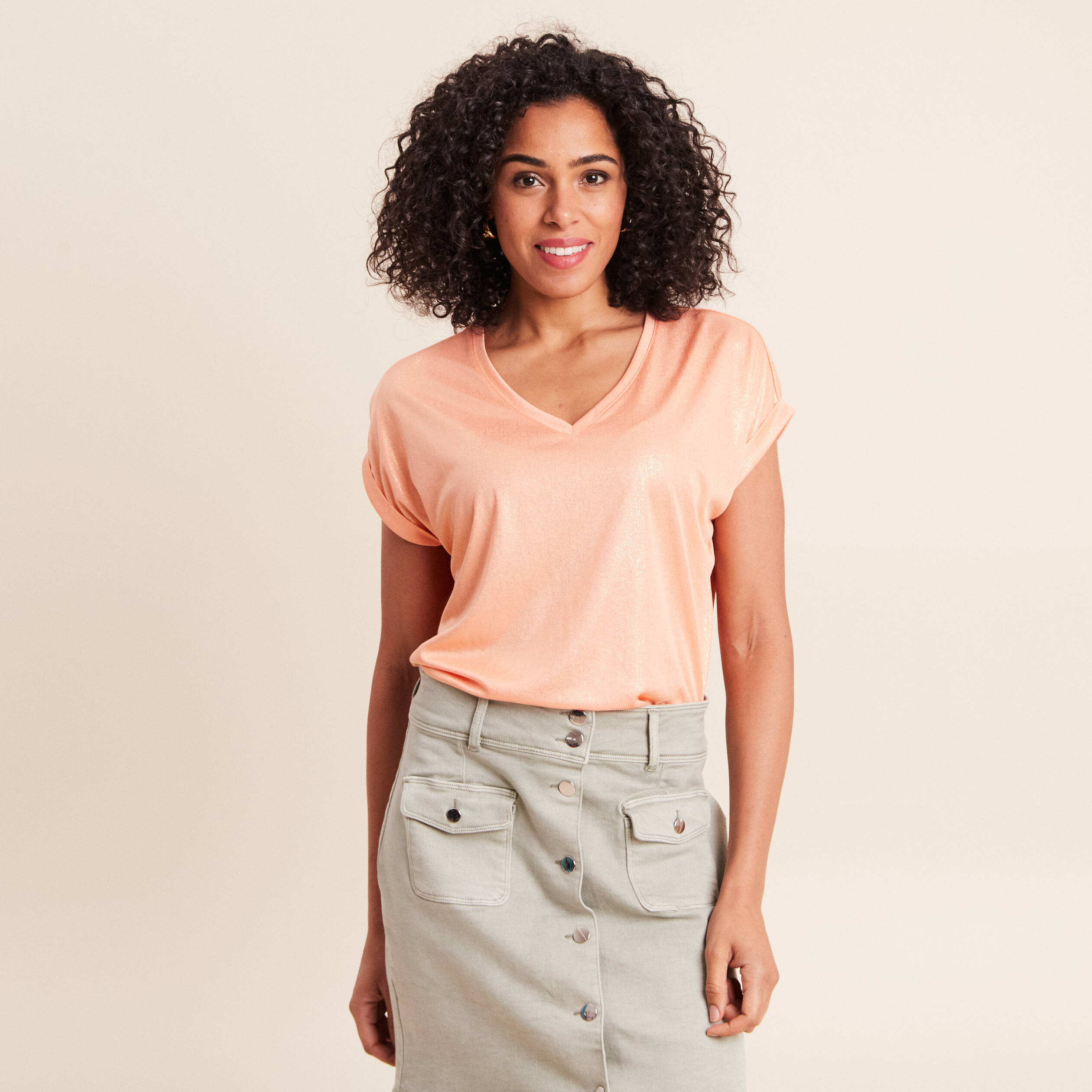 T-shirt manches courtes rose saumon femme