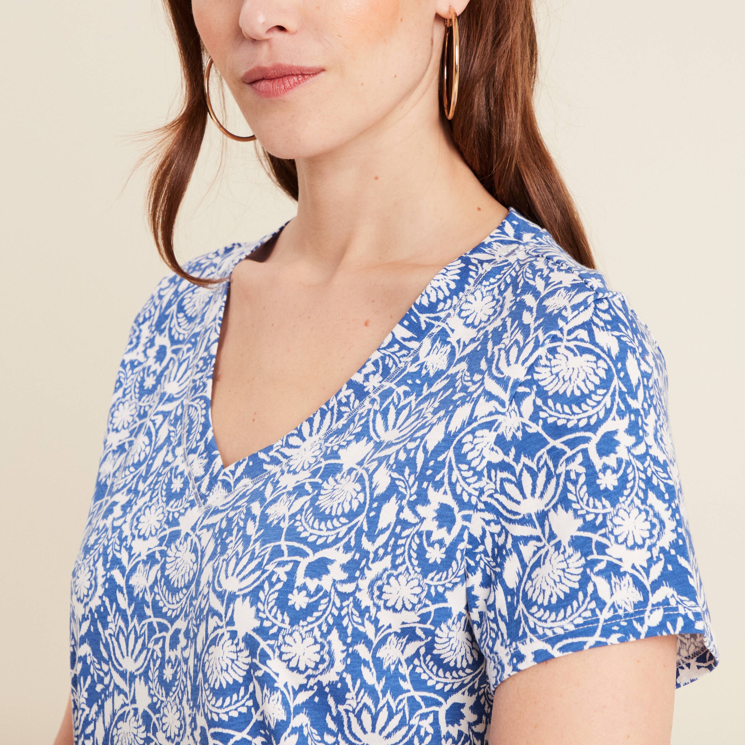 T-shirt col V uni manches courtes, coton