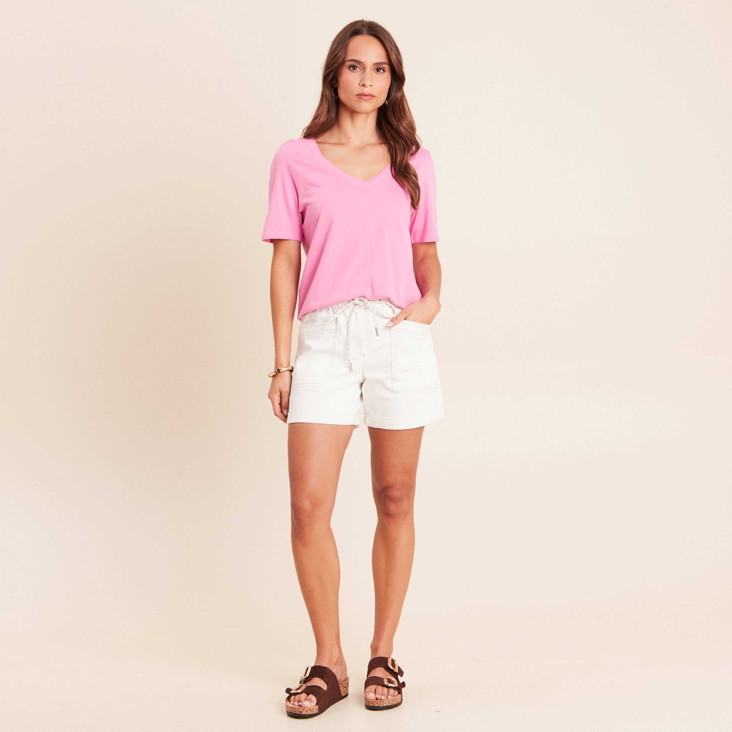Short droit taille &eacute;lastiqu&eacute;e blanc femme