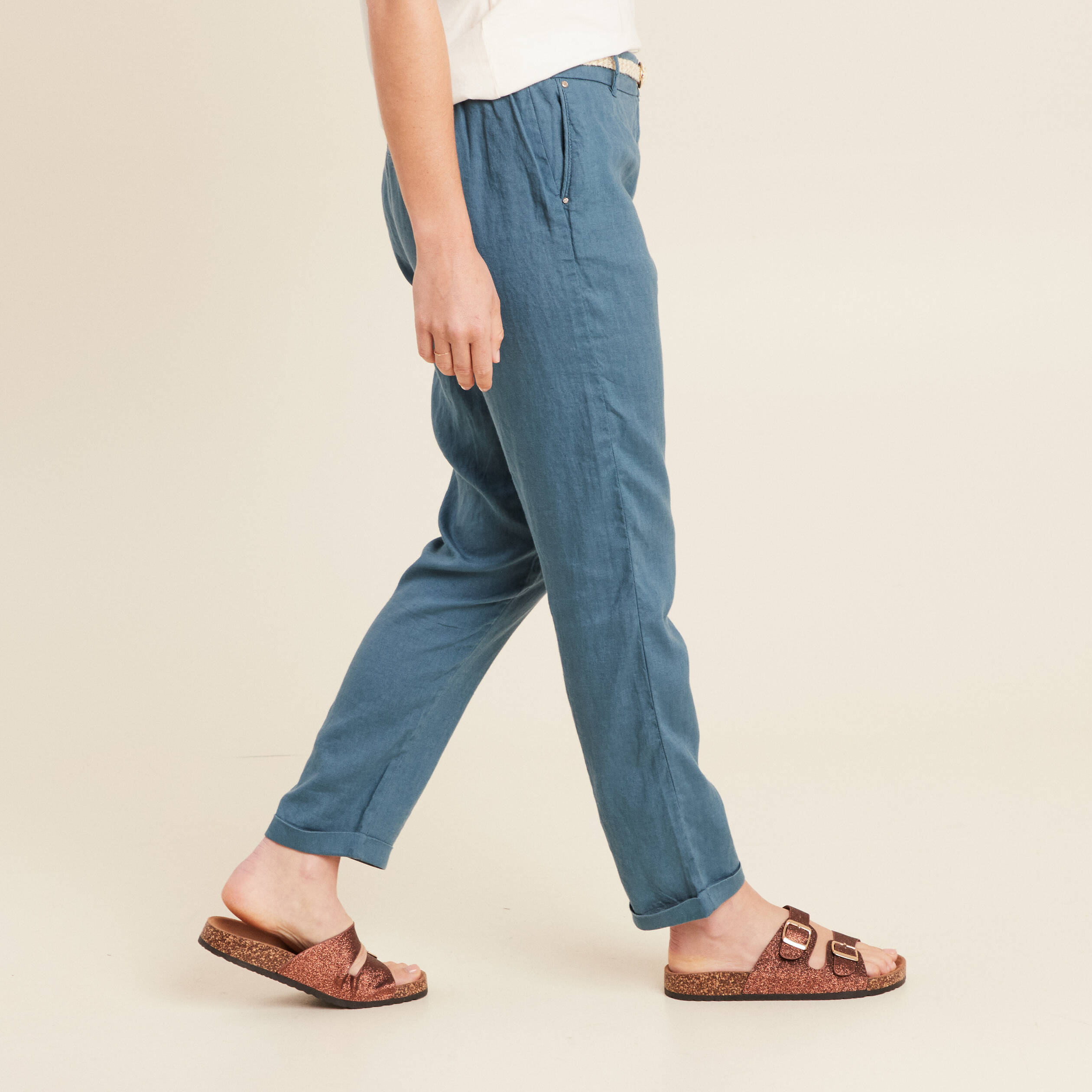 Pantalon flou ceinturé bleu pétrole femme