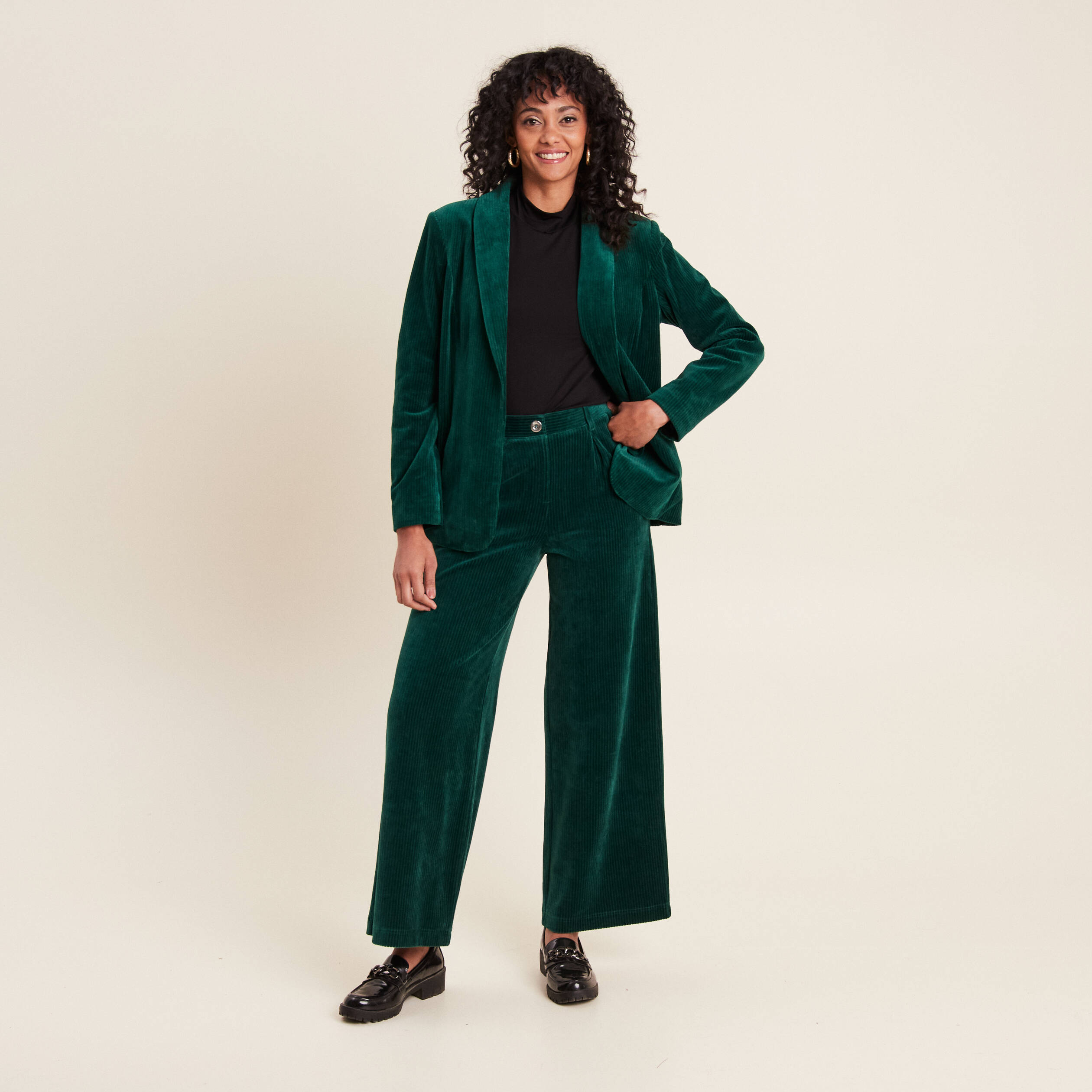 Pantalon large velours vert foncé femme