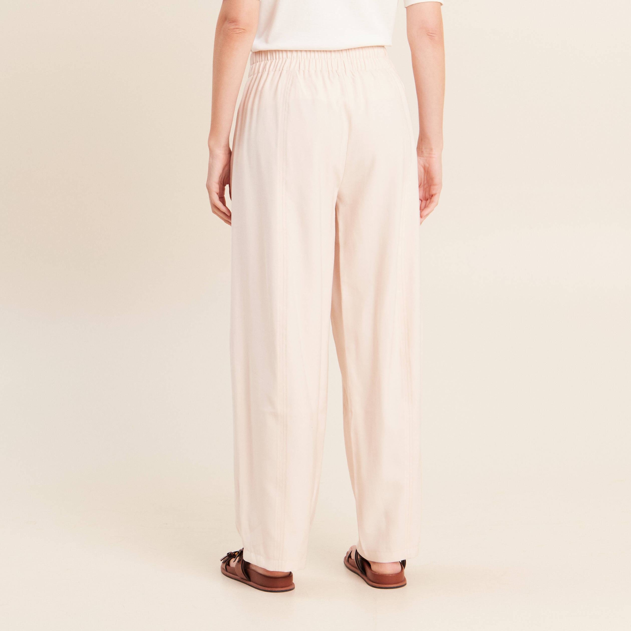 Pantalon large taille haute creme femme