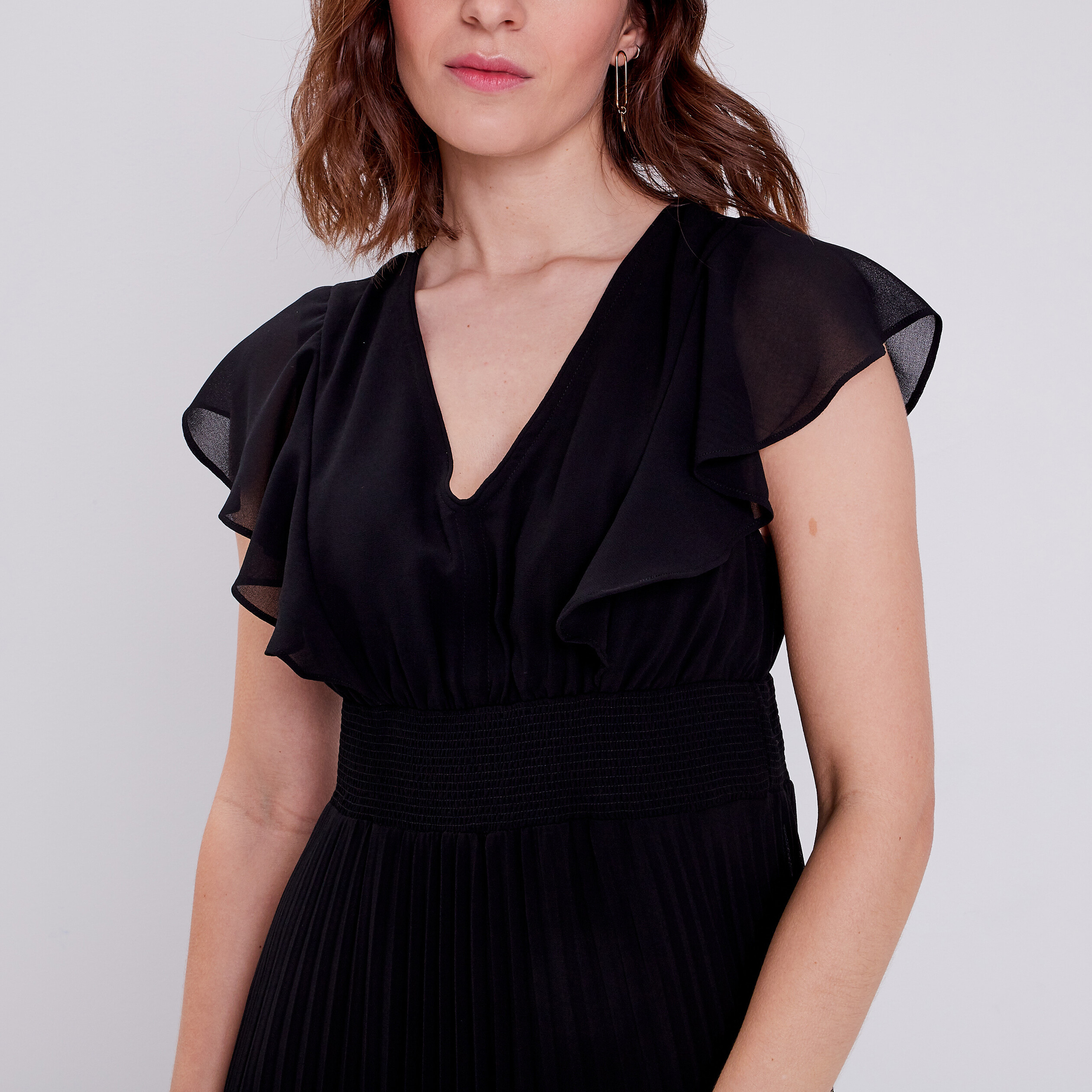 Robe longue évasée à volants noir femme