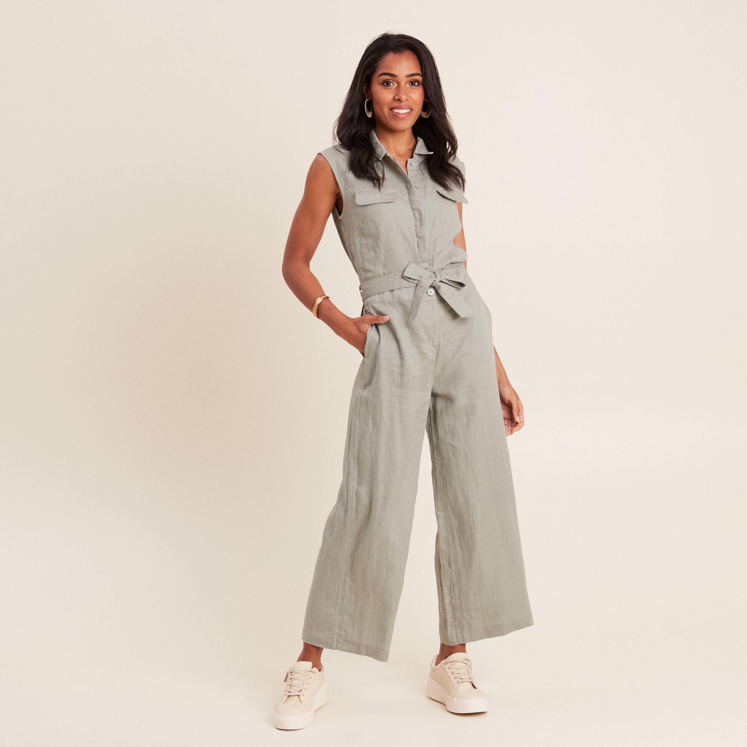 Combinaison pantalon ceinturée vert clair femme