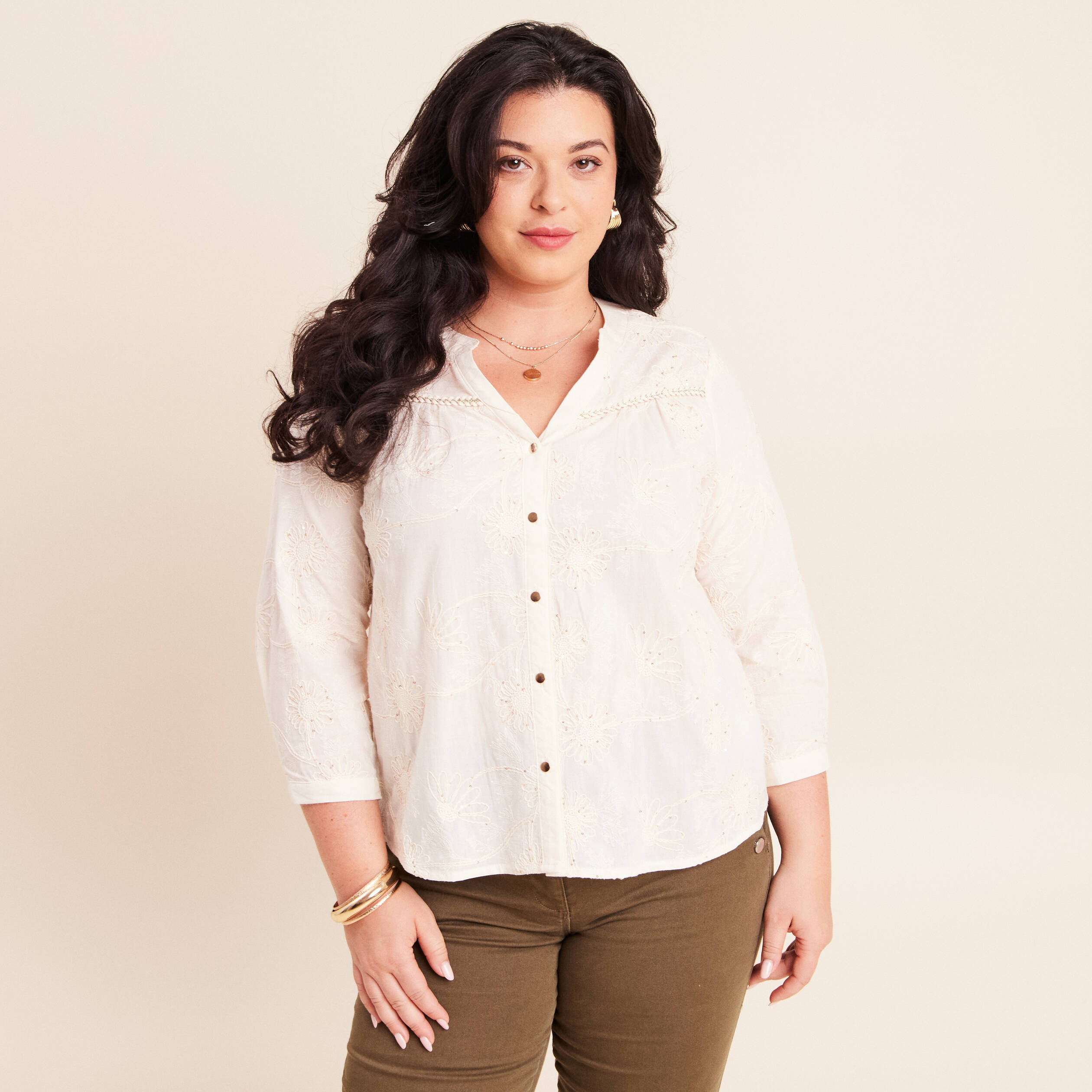 Blouse col tunisien manches 3/4 ecru femme