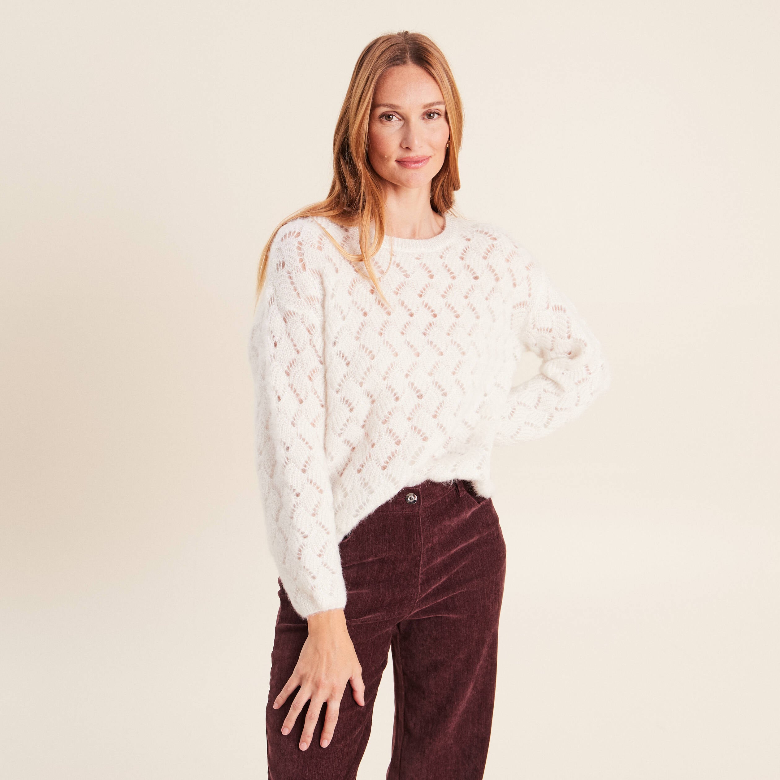 Pull manches longues ajour&eacute; ecru femme
