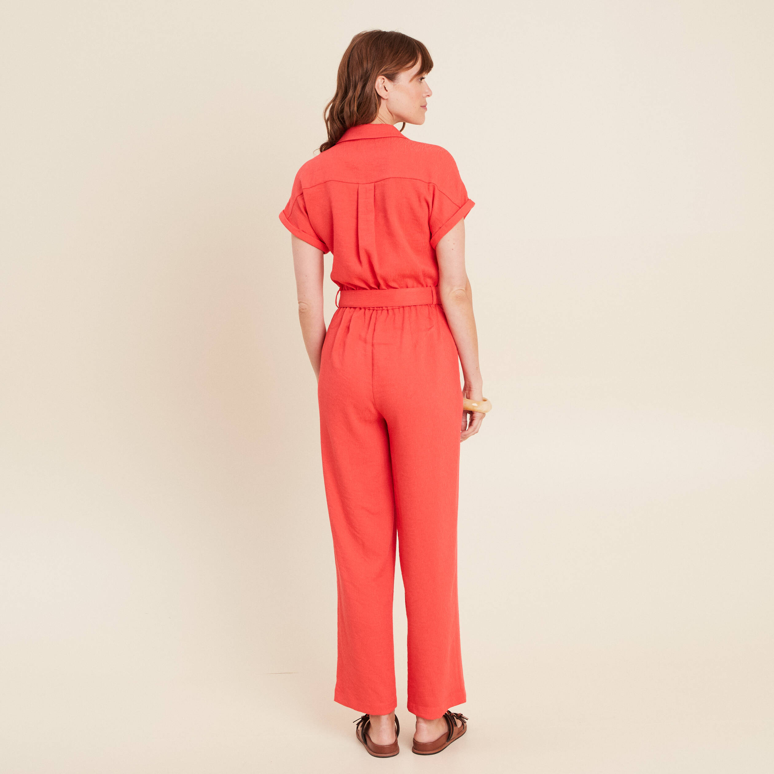 Combinaison fluide boutonn&eacute;e rouge corail femme