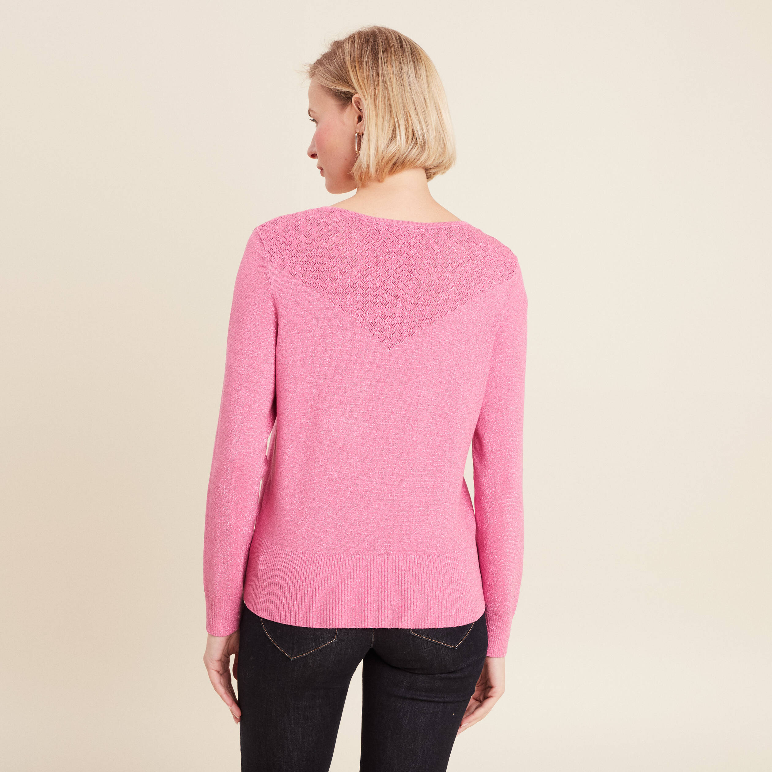 Pull manches longues col en V rose femme
