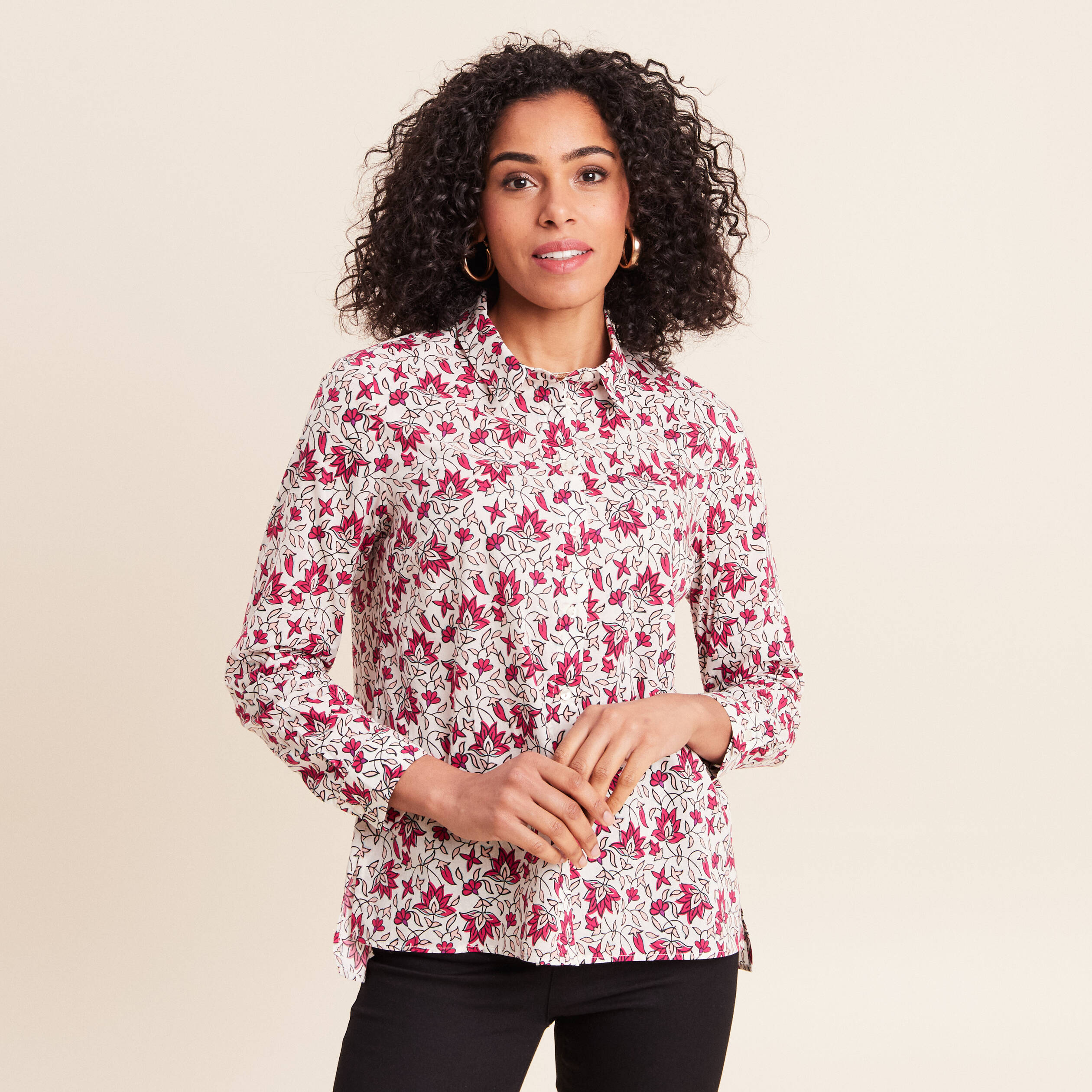Chemise droite manches longues fluide rose femme