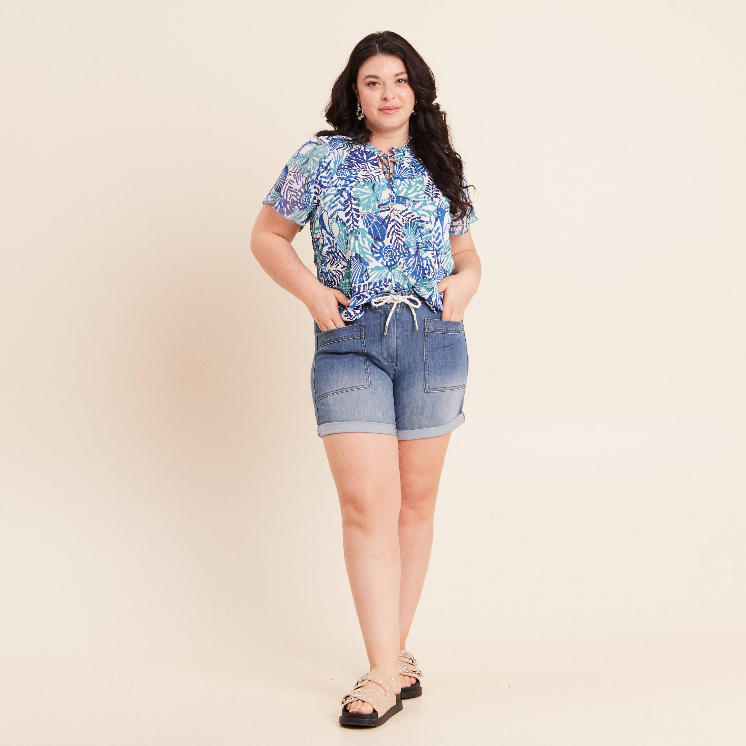 T-shirt col tunisien manches courtes bleu femme