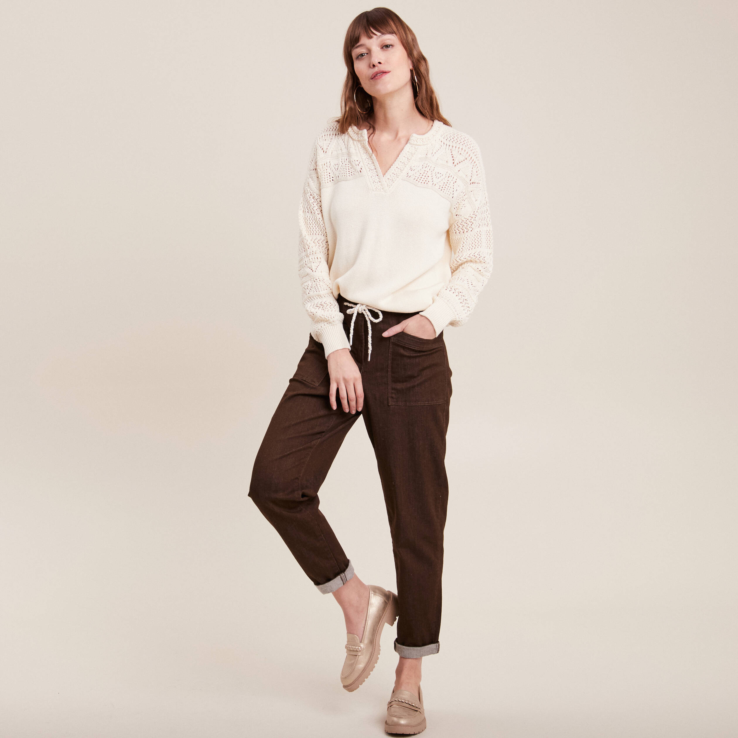 Jean large a coulisse marron fonce femme Breal