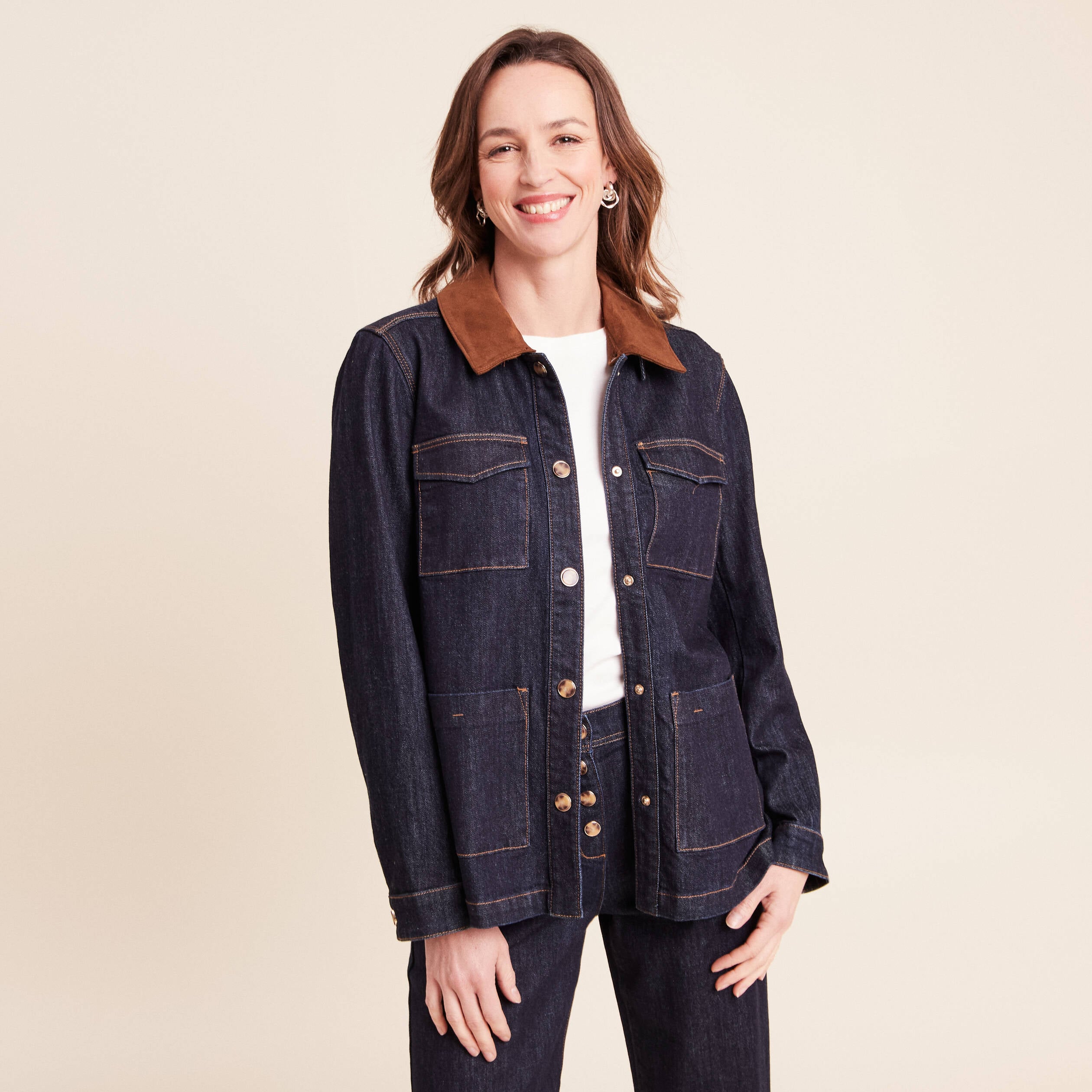 Veste droite &agrave; manches longues denim brut femme