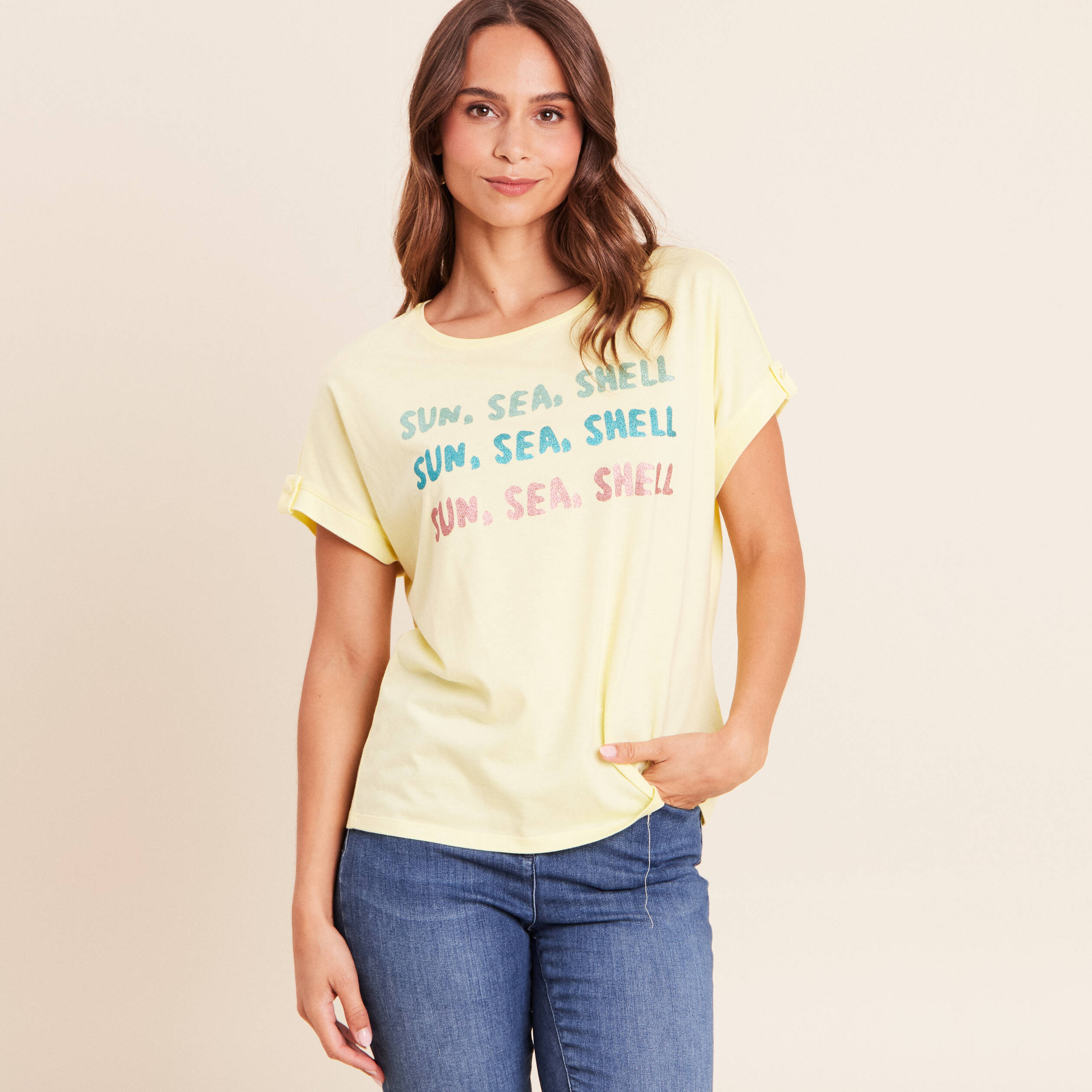 T-shirt col rond manches courtes jaune pastel femme