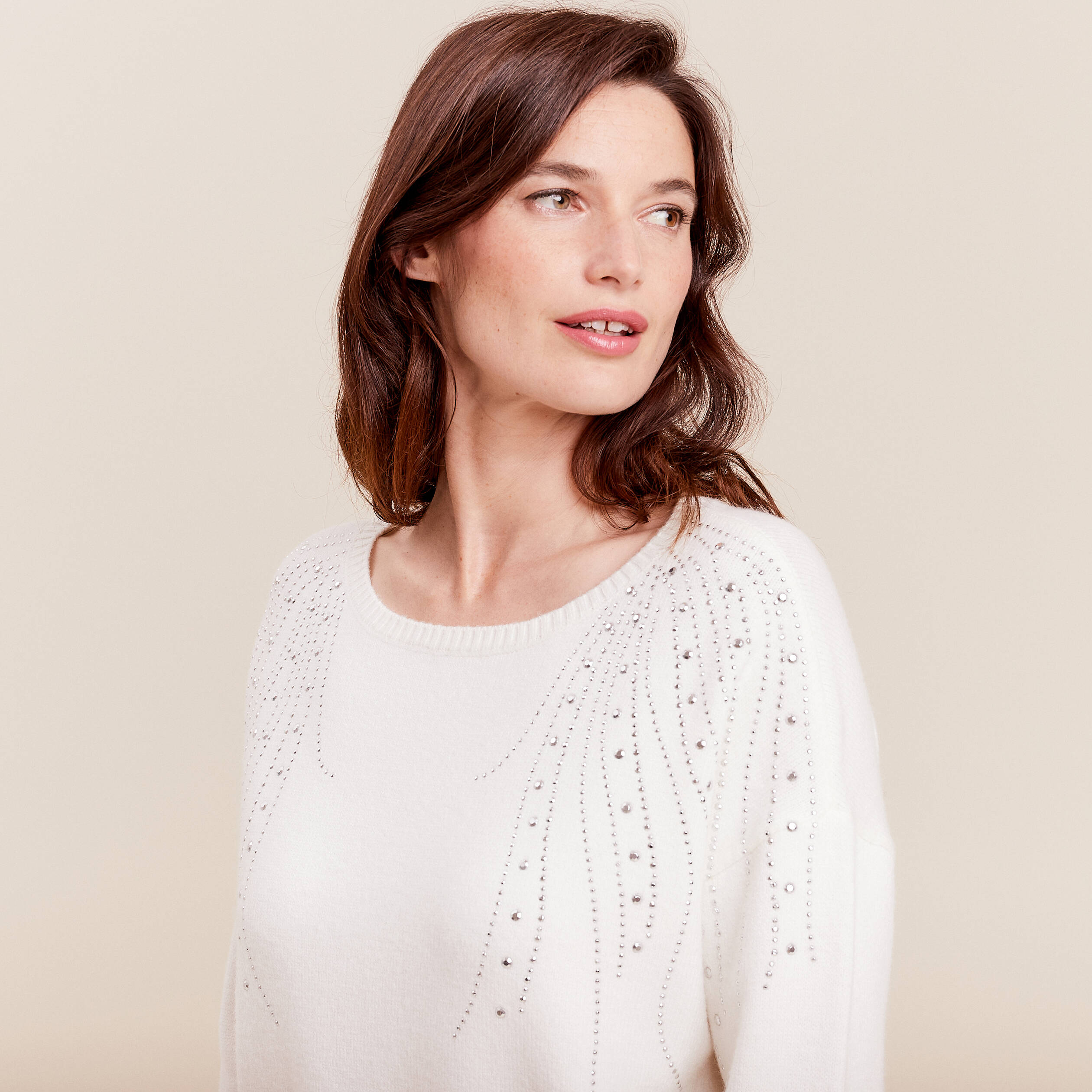 Pull manches longues strass ecru femme Breal